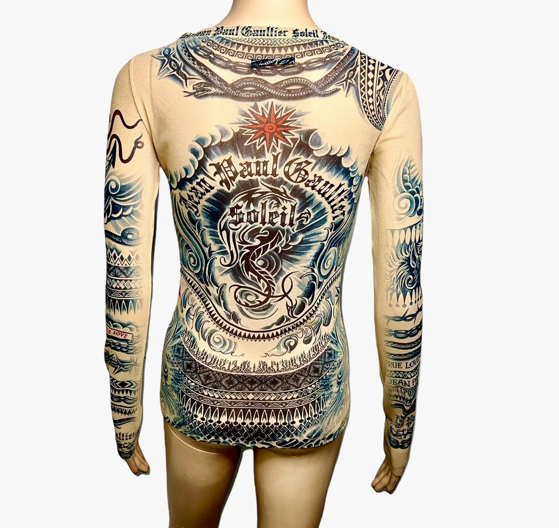 Jean Paul Gaultier Soleil Vintage Tattoo Print Sheer Mesh Top In Good Condition For Sale In Naples, FL