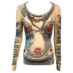 Camiseta de rejilla con estampado de tatuaje vintage Jean Paul Gaultier Soleil