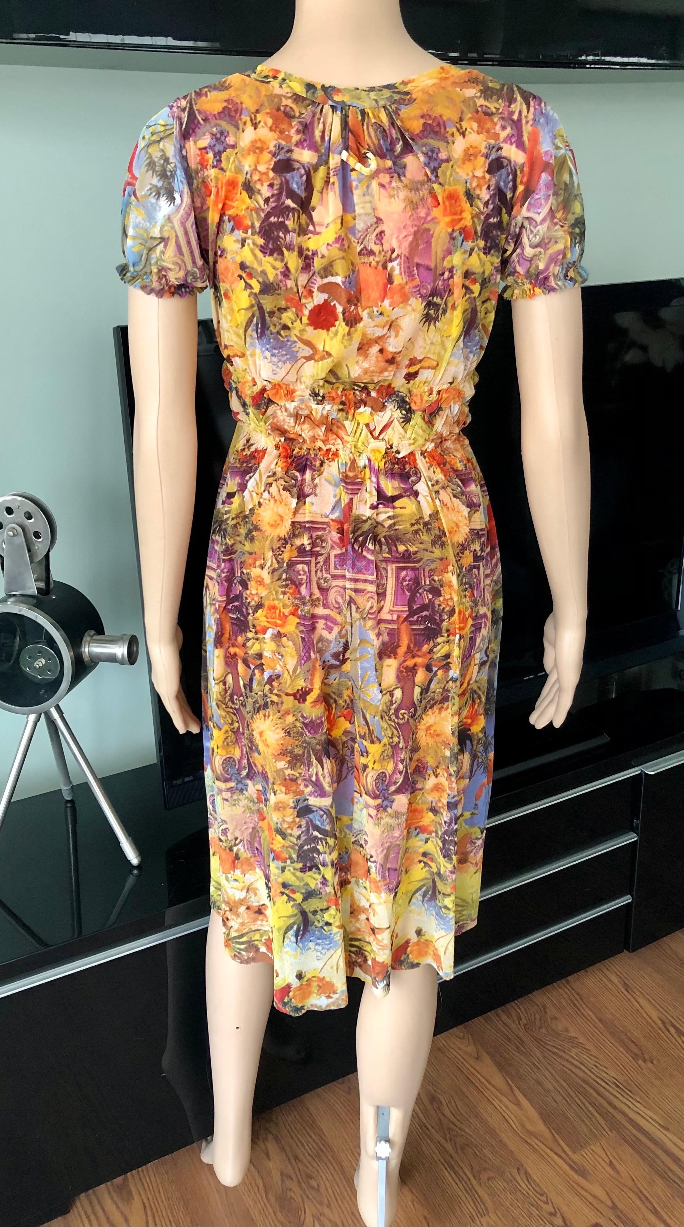 Brown Jean Paul Gaultier Soleil Tropical Flamingo Print Semi-Sheer Mesh Dress