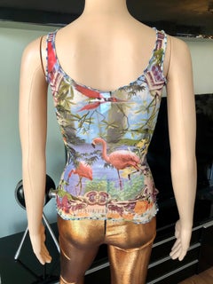 Jean Paul Gaultier Soleil Vintage Tropical Flamingo Print Semi-Sheer Mesh Top
