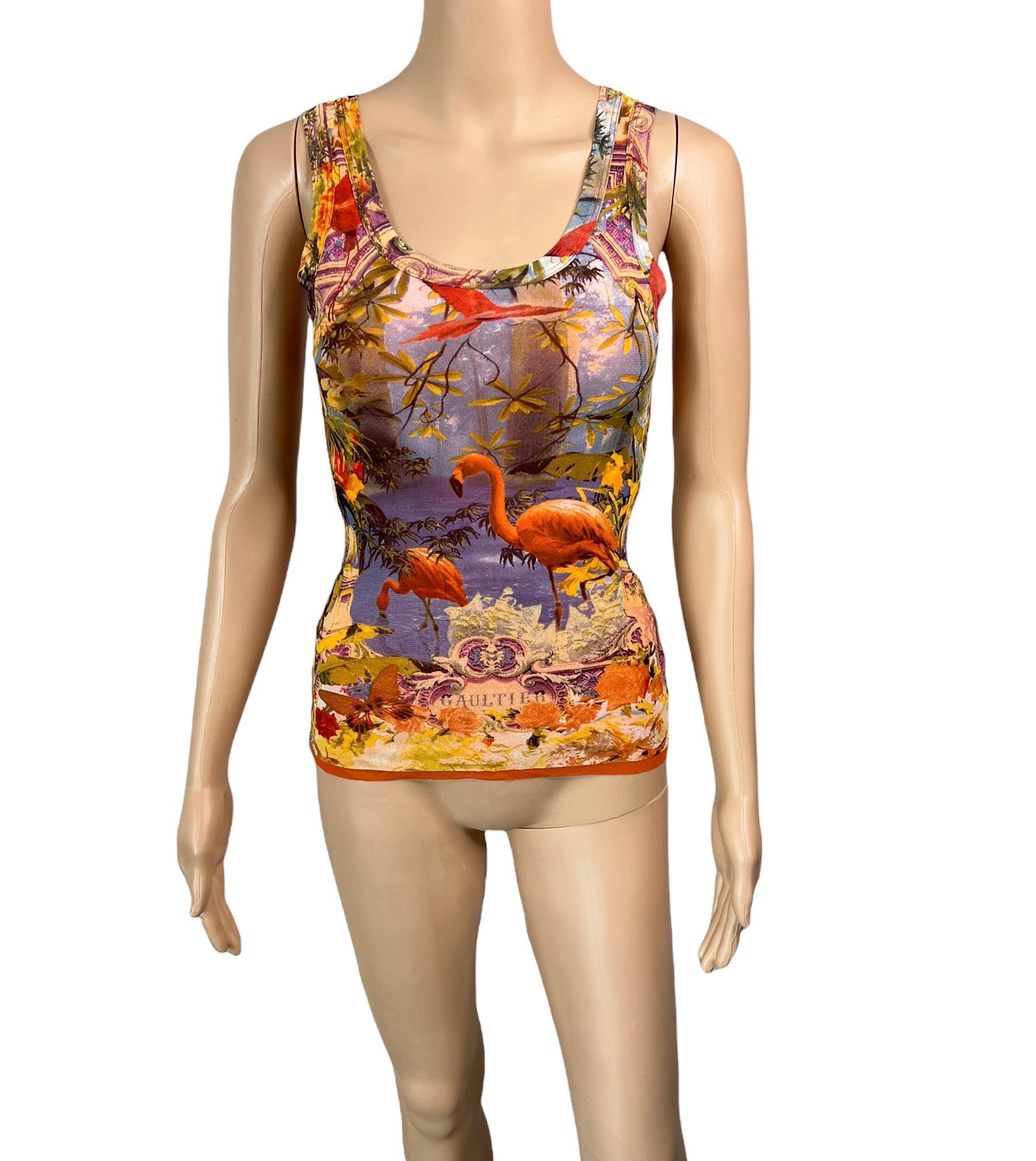 Brown Jean Paul Gaultier Soleil Tropical Flamingo Print Semi-Sheer Mesh Top