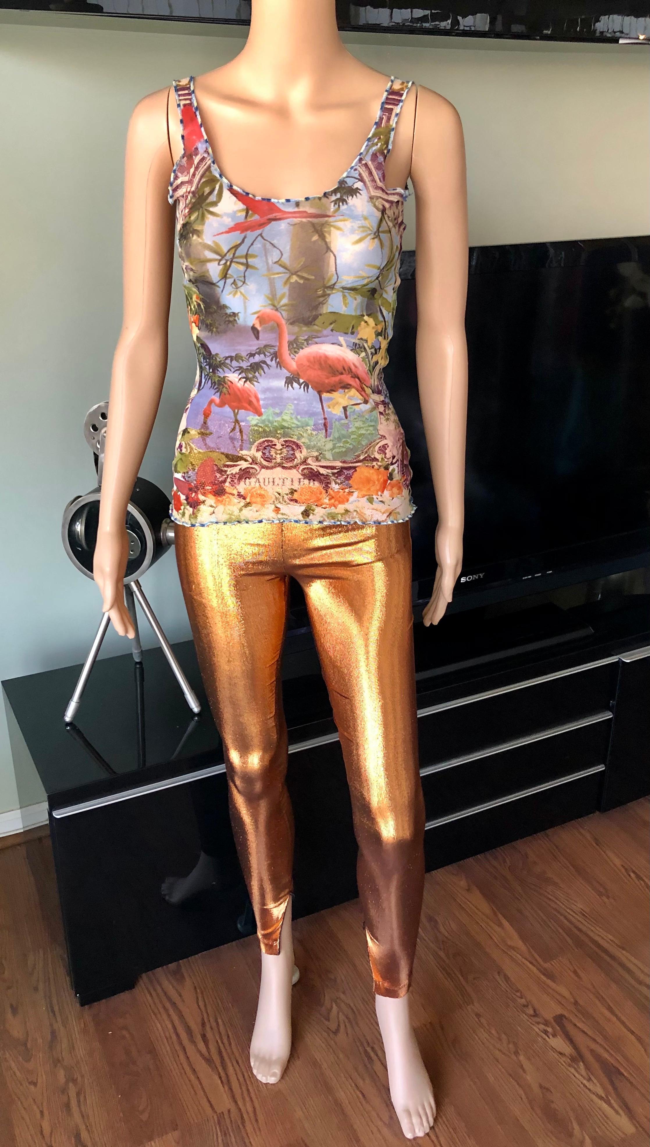 Gray Jean Paul Gaultier Soleil Vintage Tropical Flamingo Print Semi-Sheer Mesh Top