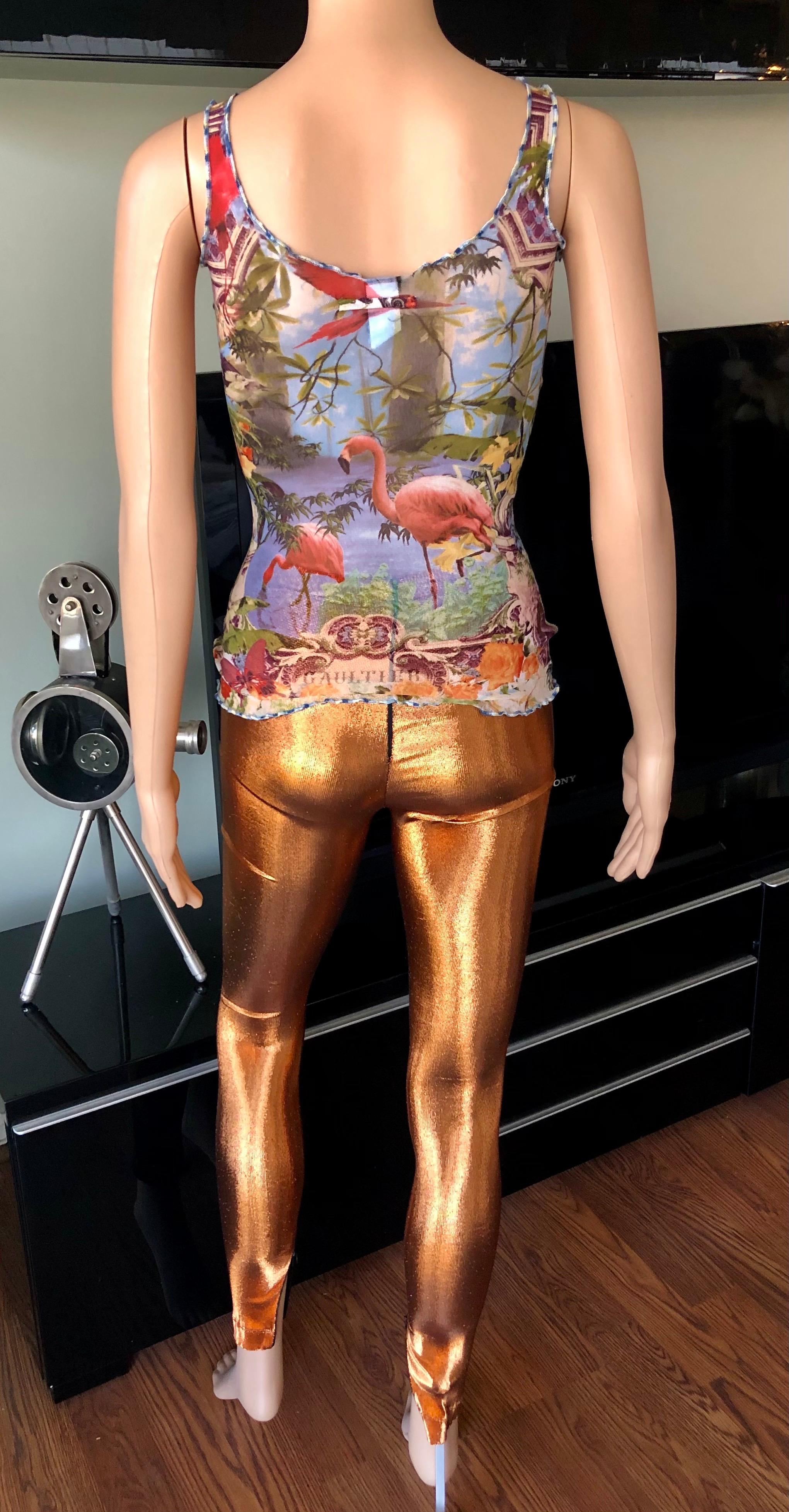 Jean Paul Gaultier Soleil Vintage Tropical Flamingo Print Semi-Sheer Mesh Top In Excellent Condition In Naples, FL