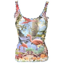 Jean Paul Gaultier Soleil Vintage Tropical Flamingo Print Semi-Sheer Mesh Top