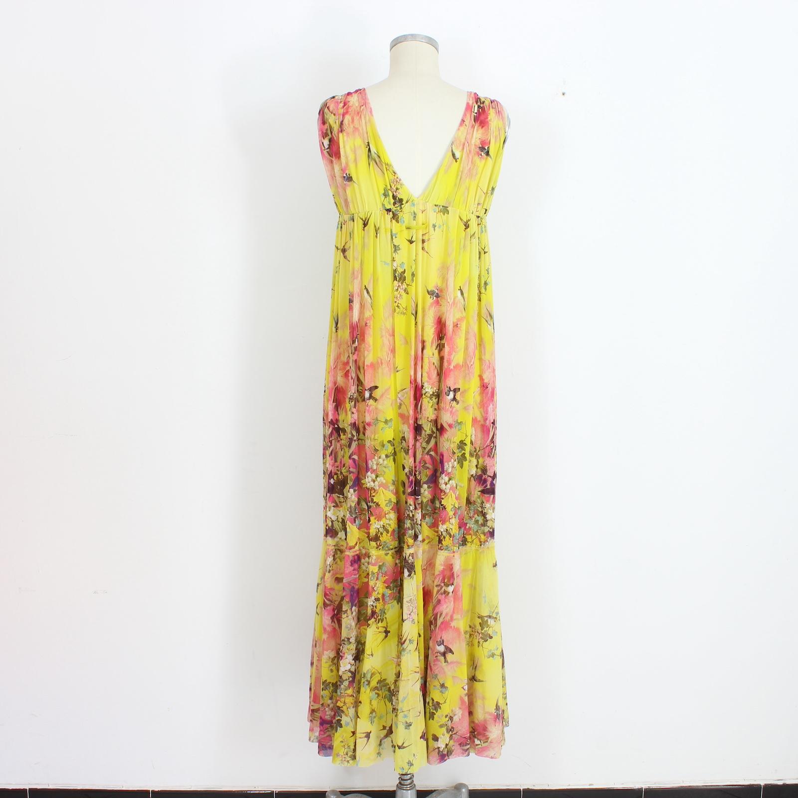 Jean Paul Gaultier Soleil Yellow Floral Bird Cocktail Long Dress Fuzzi 2000s In Excellent Condition For Sale In Brindisi, Bt