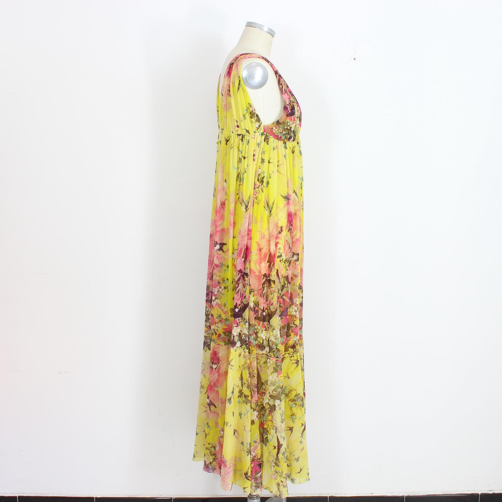 Women's Jean Paul Gaultier Soleil Yellow Floral Bird Cocktail Long Dress Fuzzi 2000s