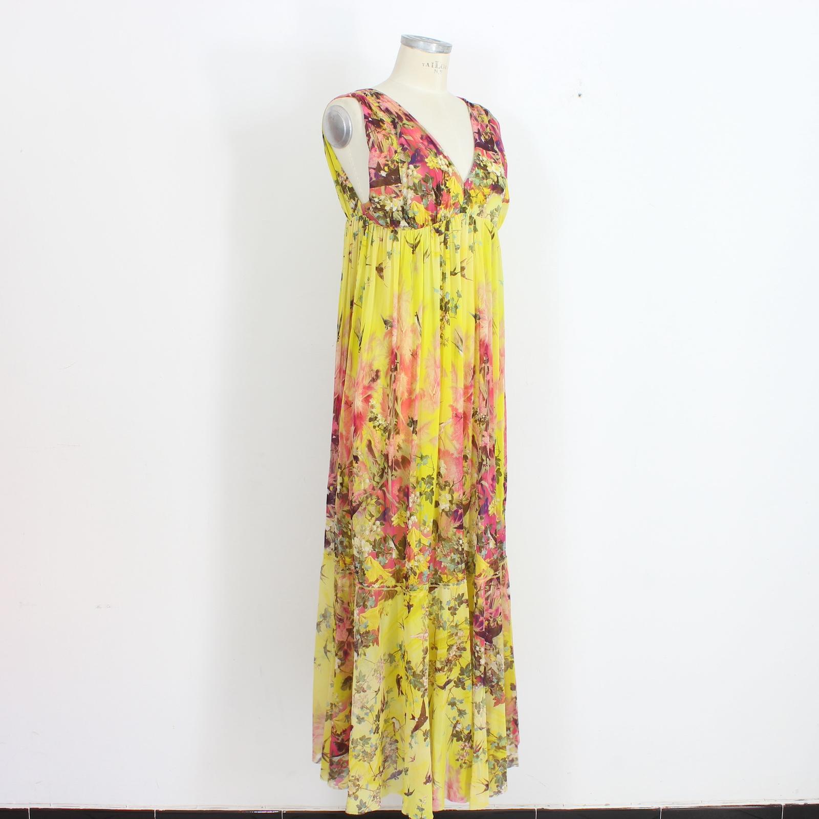 Jean Paul Gaultier Soleil Yellow Floral Bird Cocktail Long Dress Fuzzi 2000s For Sale 1