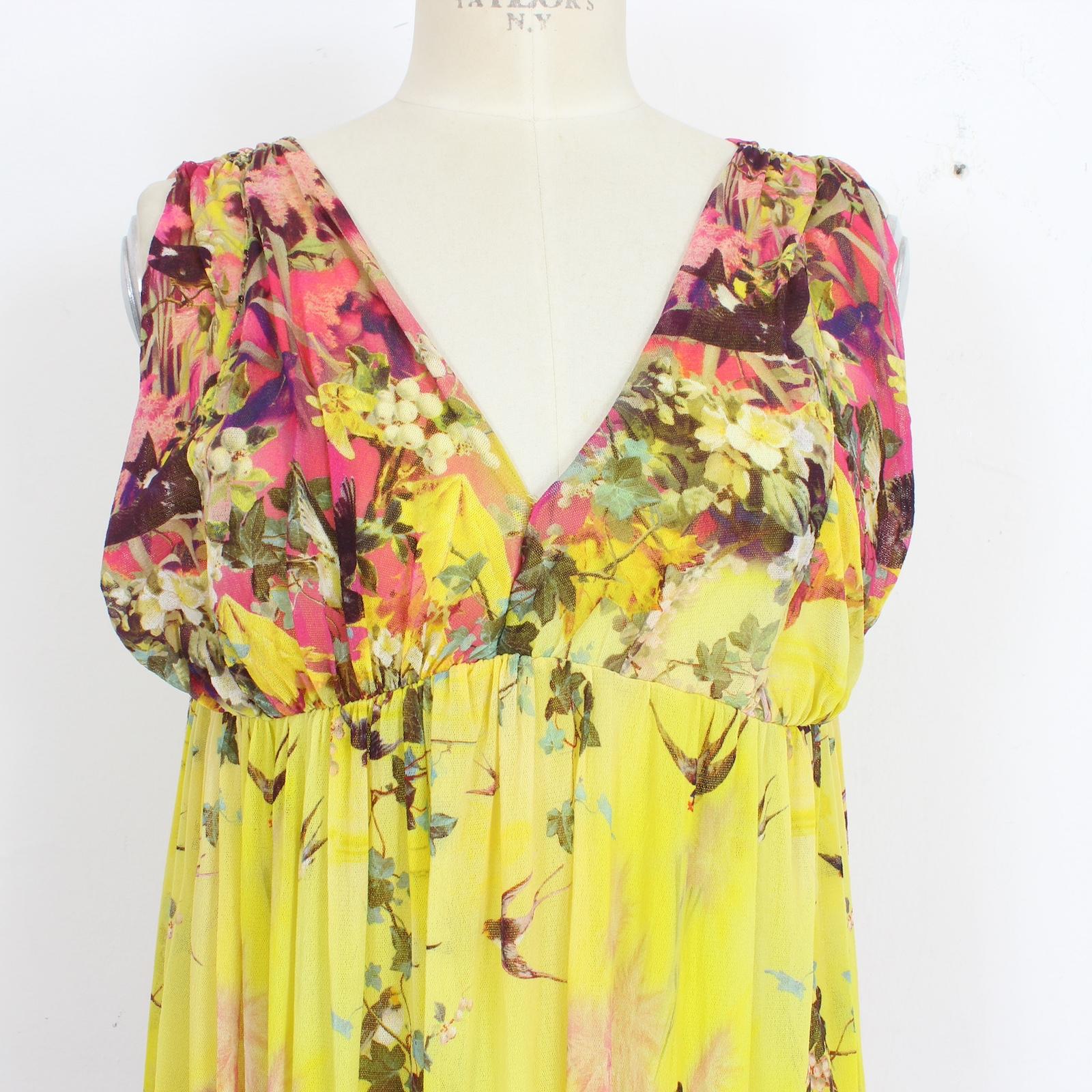 Jean Paul Gaultier Soleil Yellow Floral Bird Cocktail Long Dress Fuzzi 2000s For Sale 3