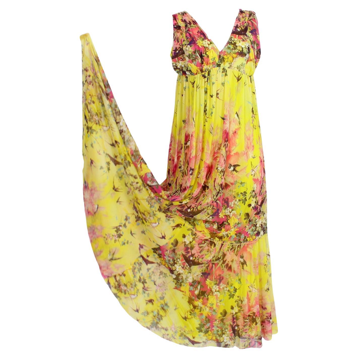 Jean Paul Gaultier Soleil Yellow Floral Bird Cocktail Long Dress Fuzzi 2000s For Sale
