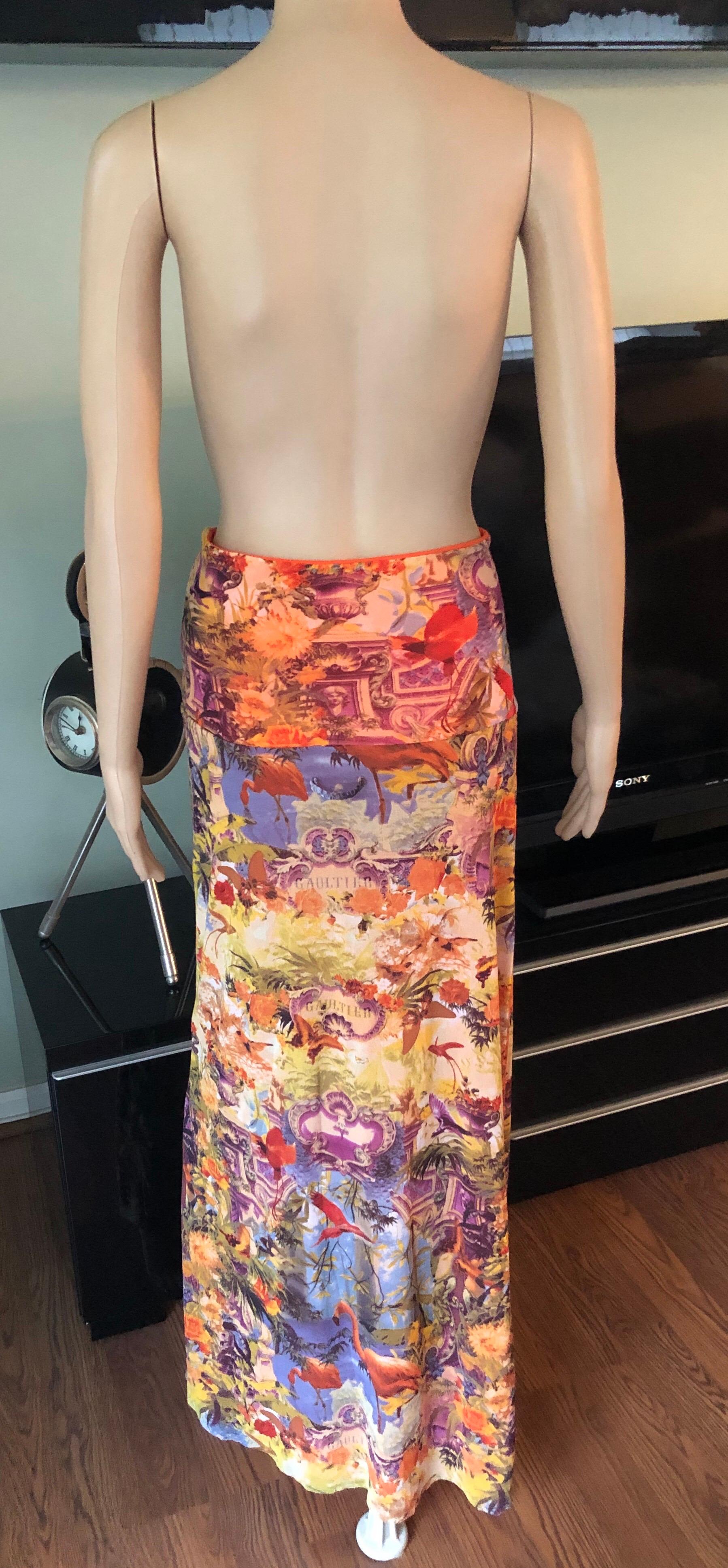 Brown Jean Paul Gaultier Soleil Tropical Flamingo Logo Semi-Sheer Mesh Maxi Dress