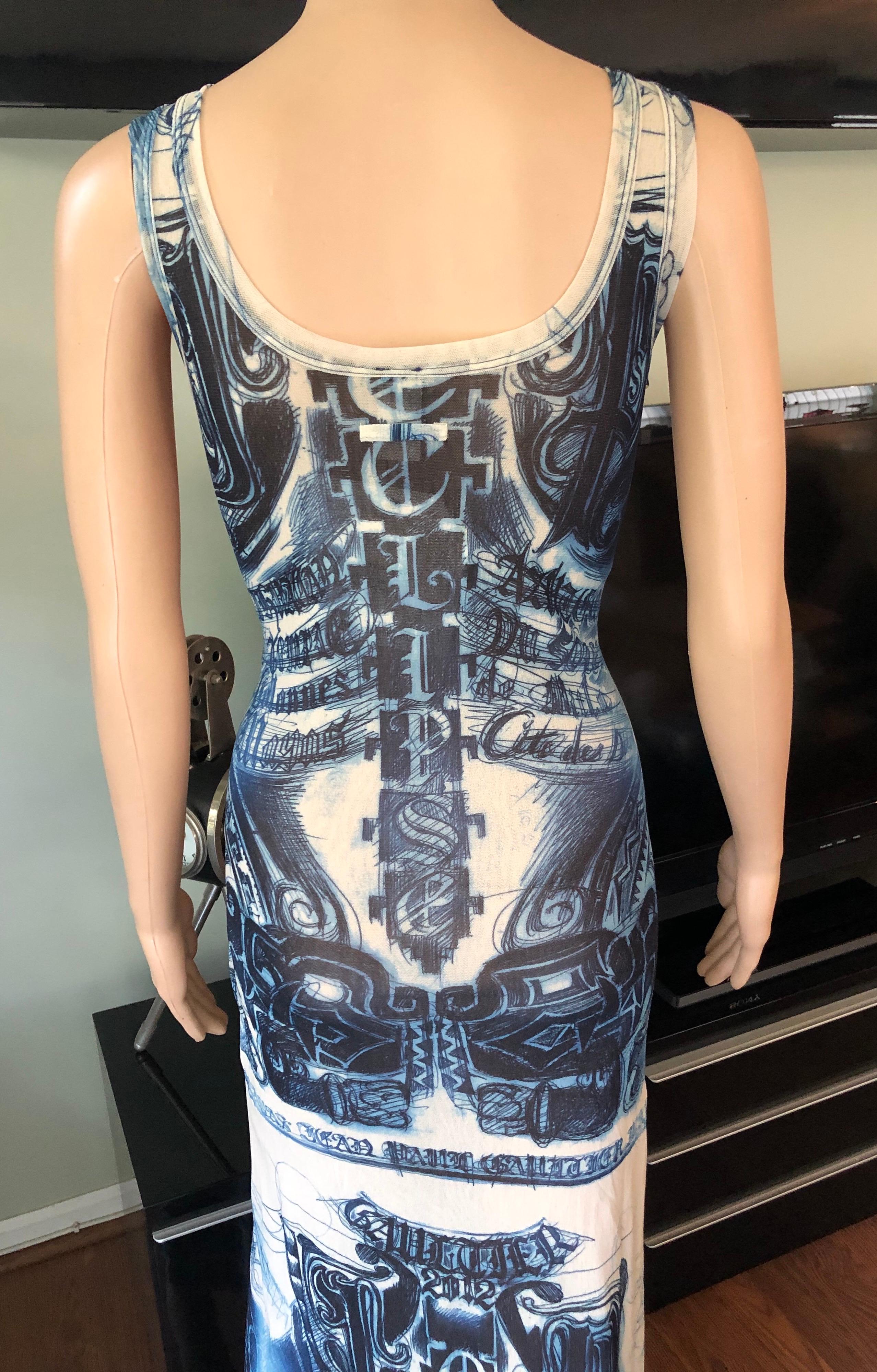 Gray Jean Paul Gaultier Soleil Tattoo Print Semi-Sheer Mesh Bodycon Maxi Dress