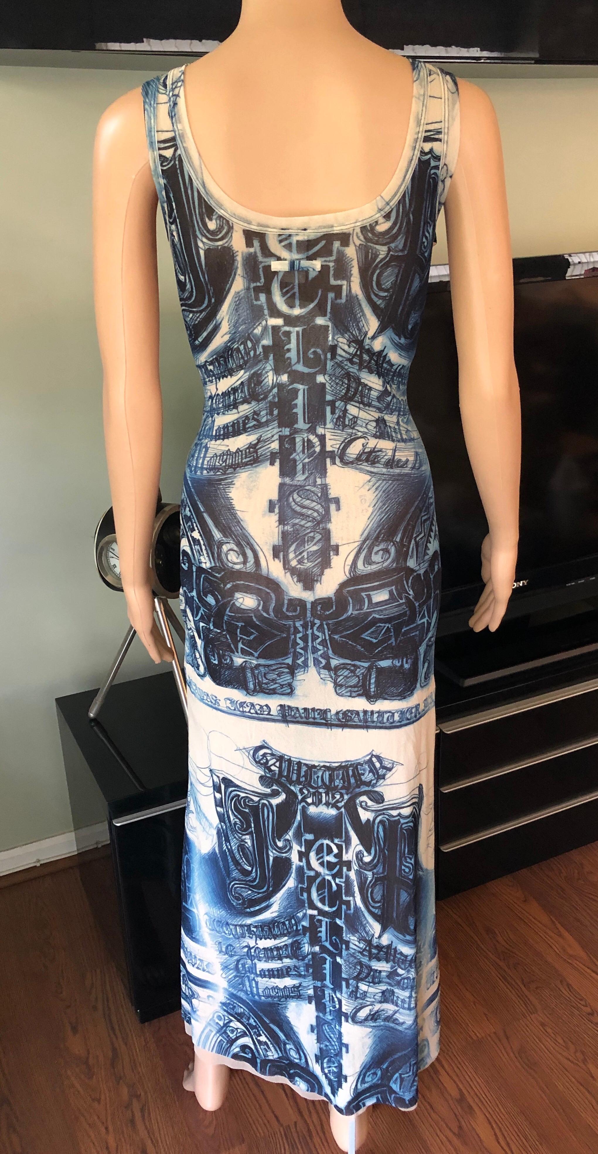 Jean Paul Gaultier Soleil Tattoo Print Semi-Sheer Mesh Bodycon Maxi Dress In Excellent Condition In Naples, FL