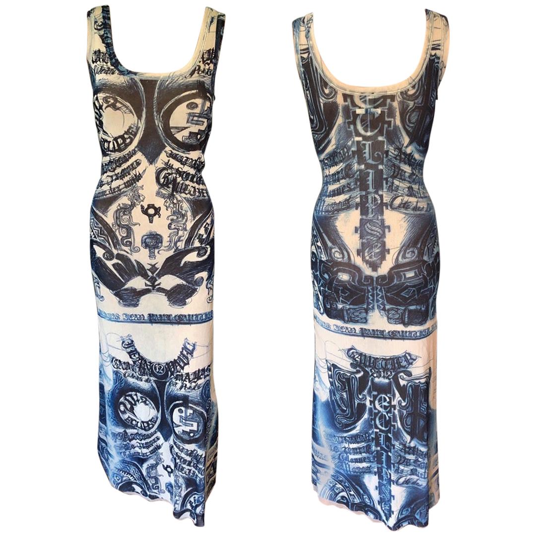 Jean Paul Gaultier Soleil Tattoo Print Semi-Sheer Mesh Bodycon Maxi Dress