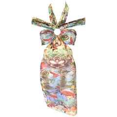 Jean Paul Gaultier Soliel S/S1999 Flamingo Tropical Cutout Sheer Mesh Mini Dress
