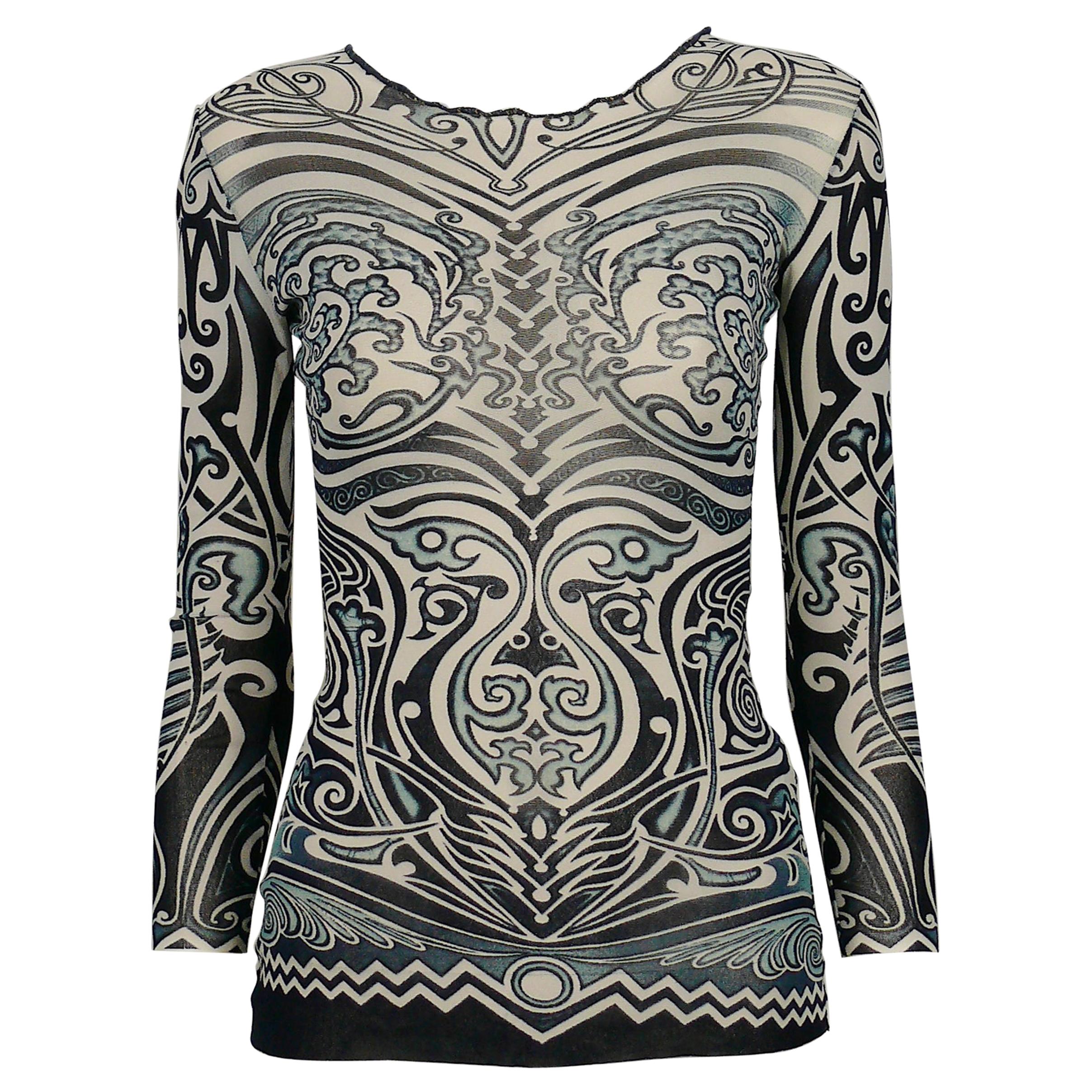 Jean Paul Gaultier Spring/Summer 1996 Iconic Tribal Tattoo Sheer Mesh Top Size S