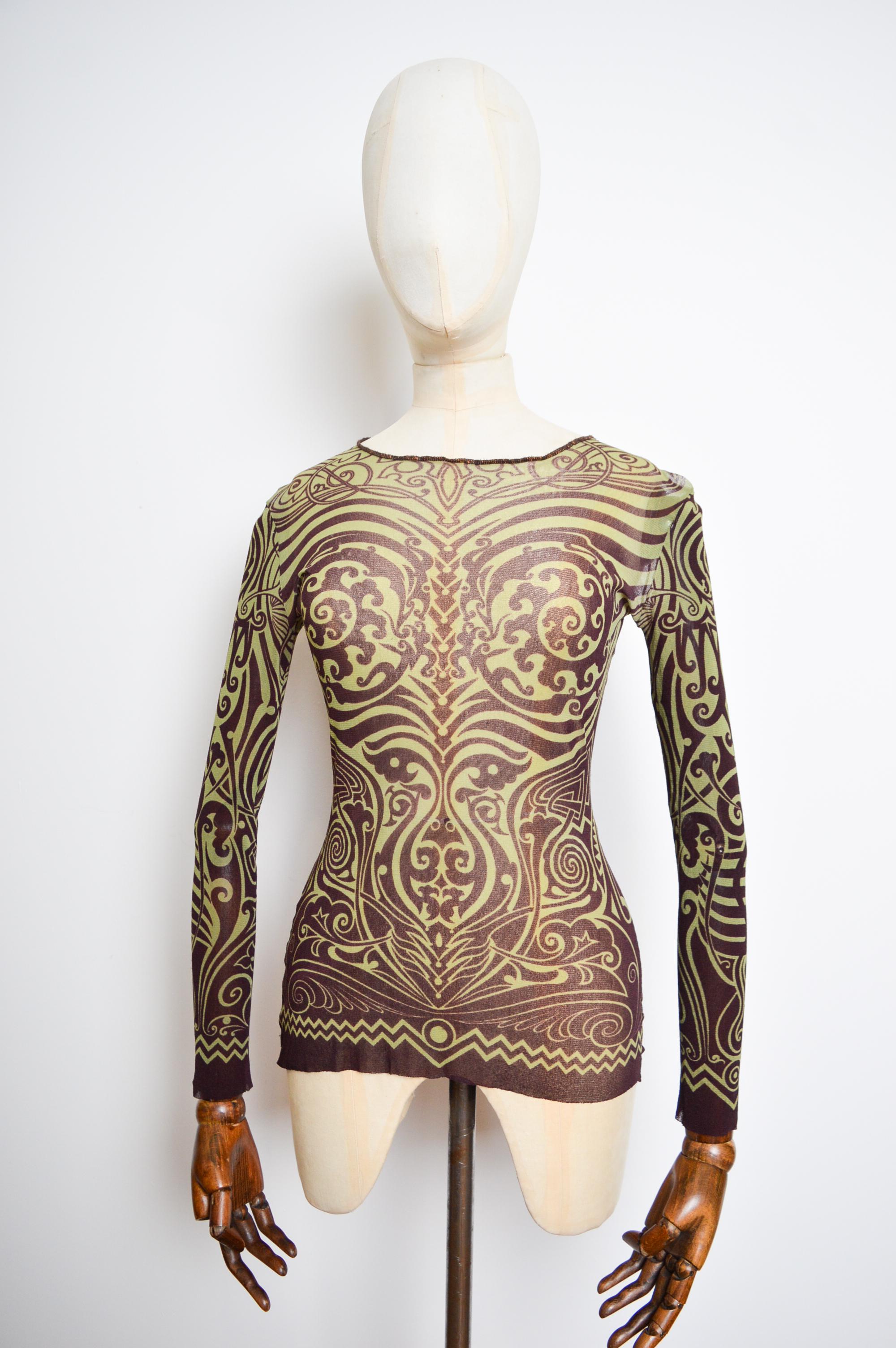 Women's or Men's Jean Paul Gaultier Spring Summer 1996 Mesh Tribal Tattoo long sleeve Top T shirt For Sale
