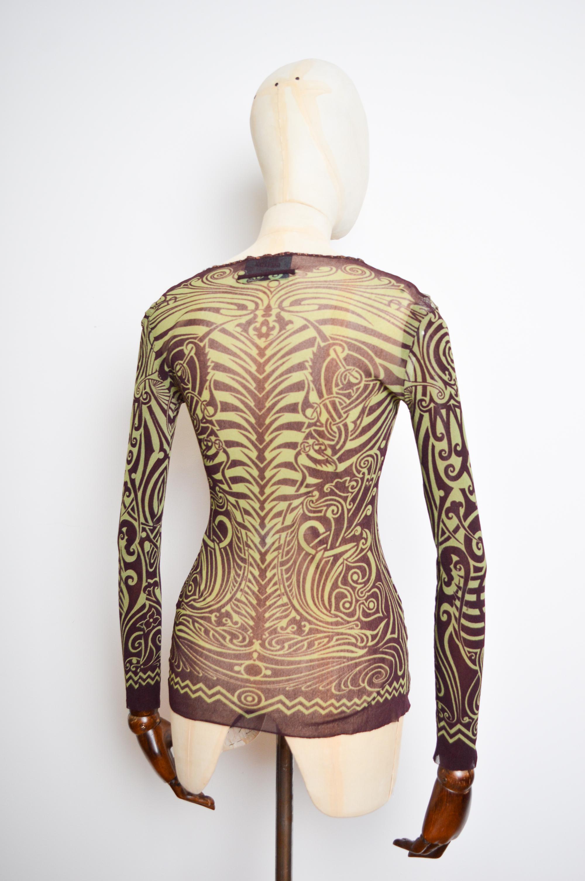 Jean Paul Gaultier Spring Summer 1996 Mesh Tribal Tattoo long sleeve Top T shirt For Sale 3