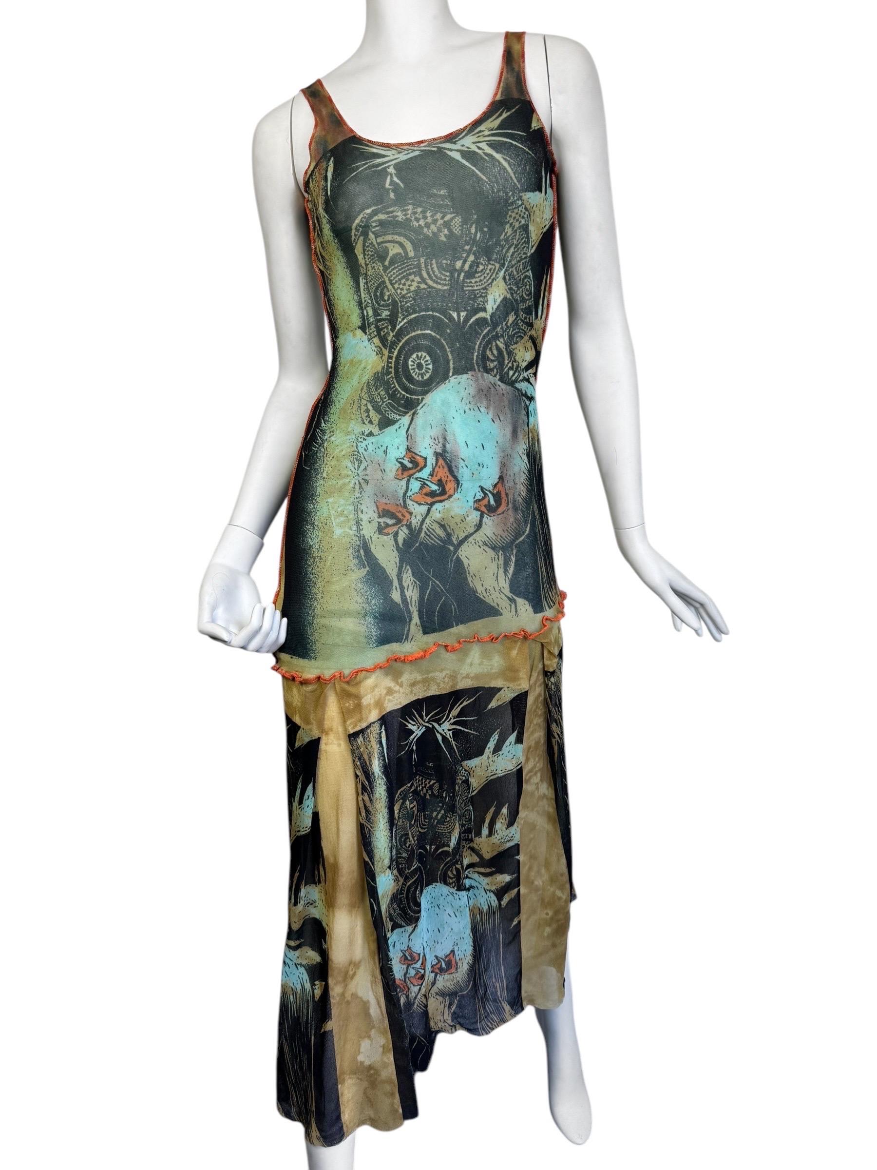 JEAN PAUL GAULTIER ss2000 MESH PRINT MAXI-KLEID (Grau)