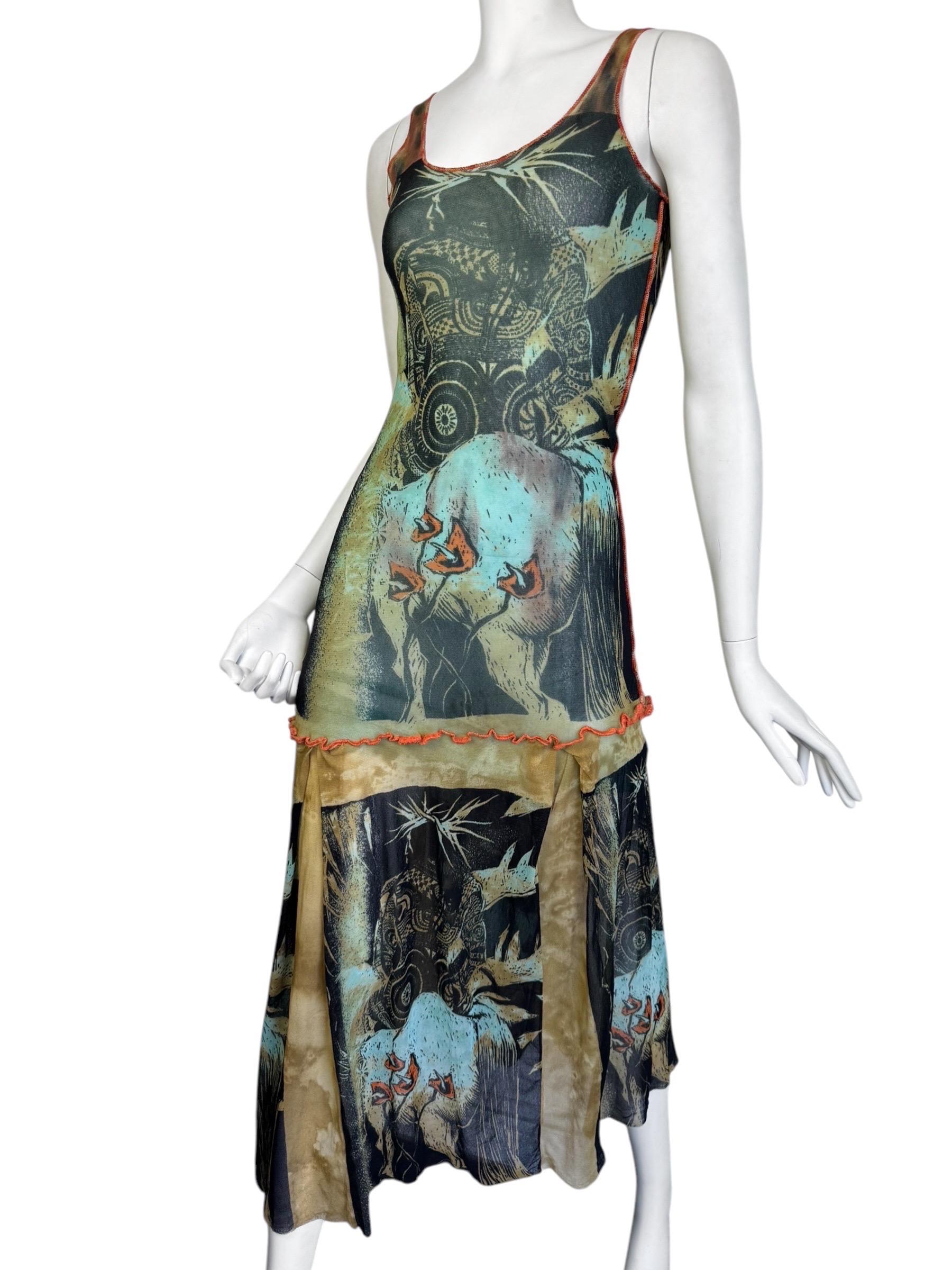 JEAN PAUL GAULTIER ss2000 MESH PRINT MAXI-KLEID Damen