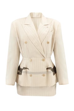 Jean Paul Gaultier SS88 Pinstripe Tailored Skirt Suit with Lace Eagle Appliqué