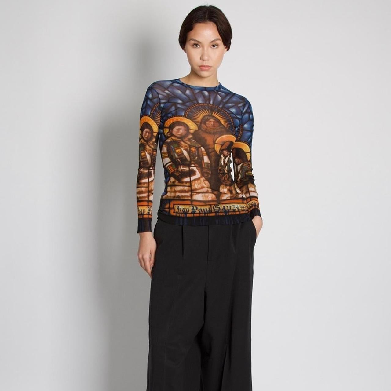 Jean Paul Gaultier Stained Glass Saint Print Mesh Long Sleeve Top For Sale 3