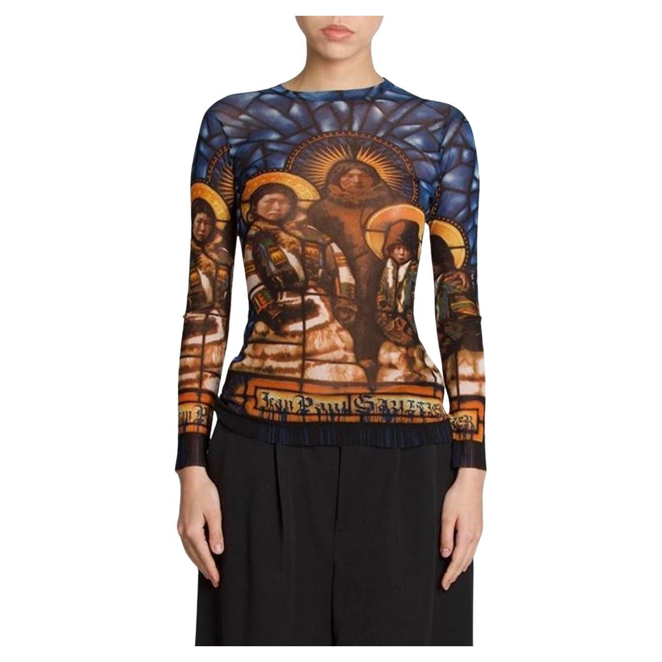 Jean Paul Gaultier Stained Glass Saint Print Mesh Long Sleeve Top For Sale