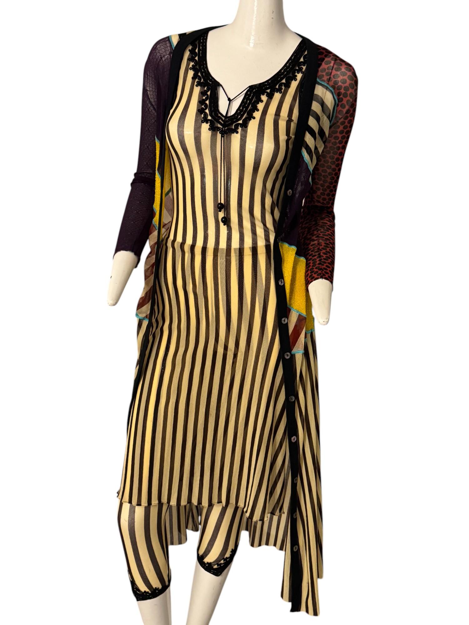 JEAN PAUL GAULTIER, Pantaloni in rete a righe ecru e cioccolato con orlo ricamato in vendita 8
