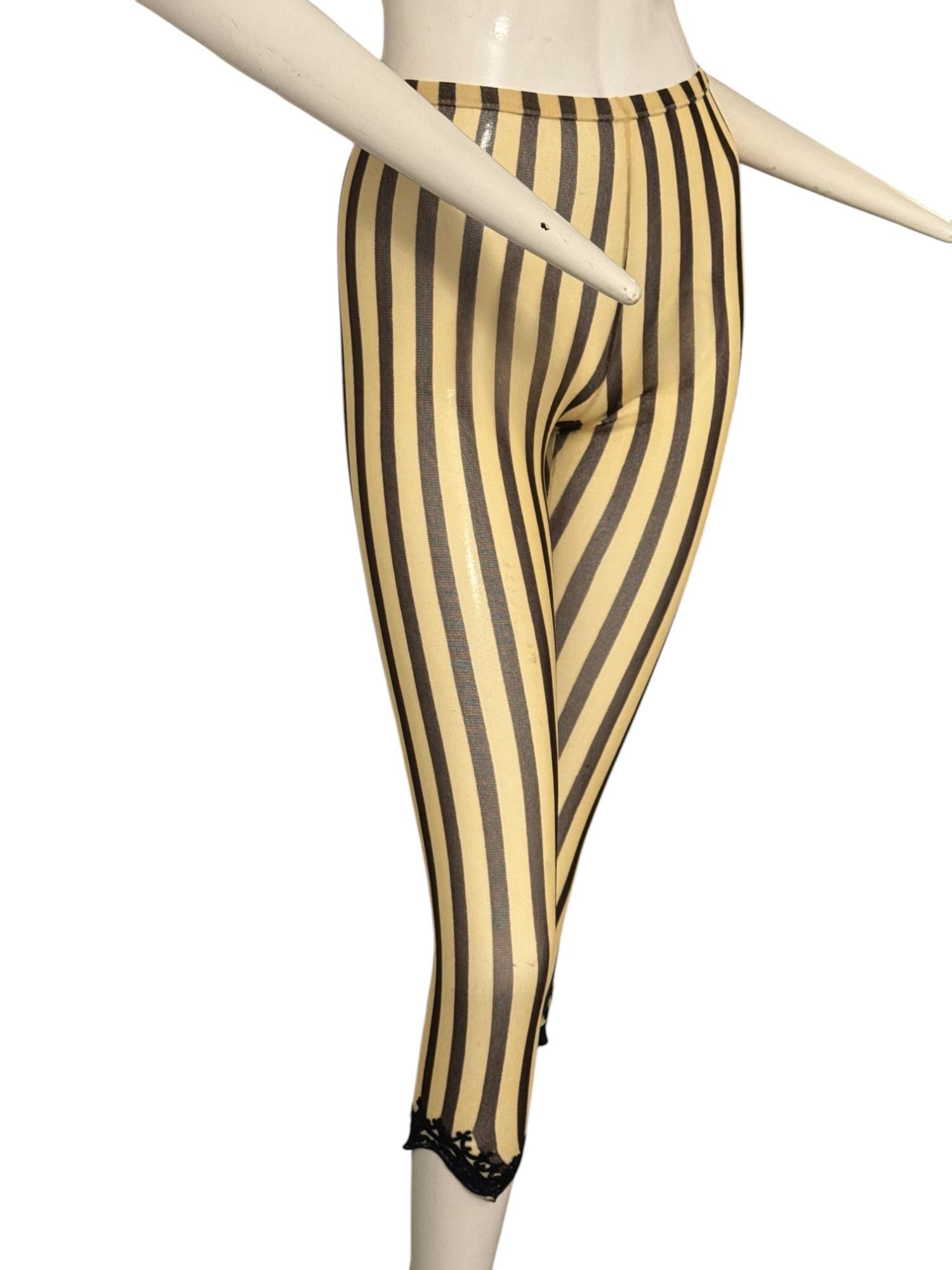Beige JEAN PAUL GAULTIER, Pantaloni in rete a righe ecru e cioccolato con orlo ricamato in vendita