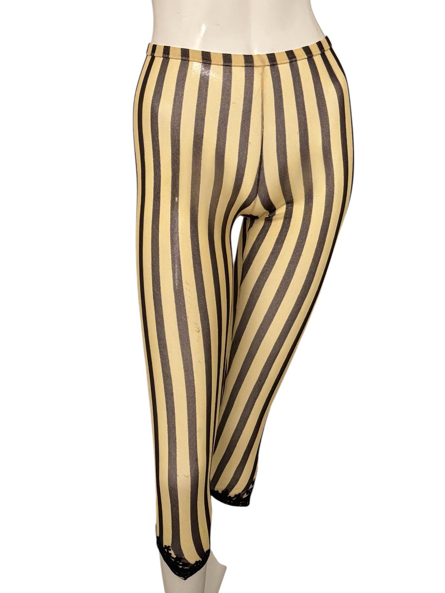 da uomo o donna JEAN PAUL GAULTIER, Pantaloni in rete a righe ecru e cioccolato con orlo ricamato in vendita
