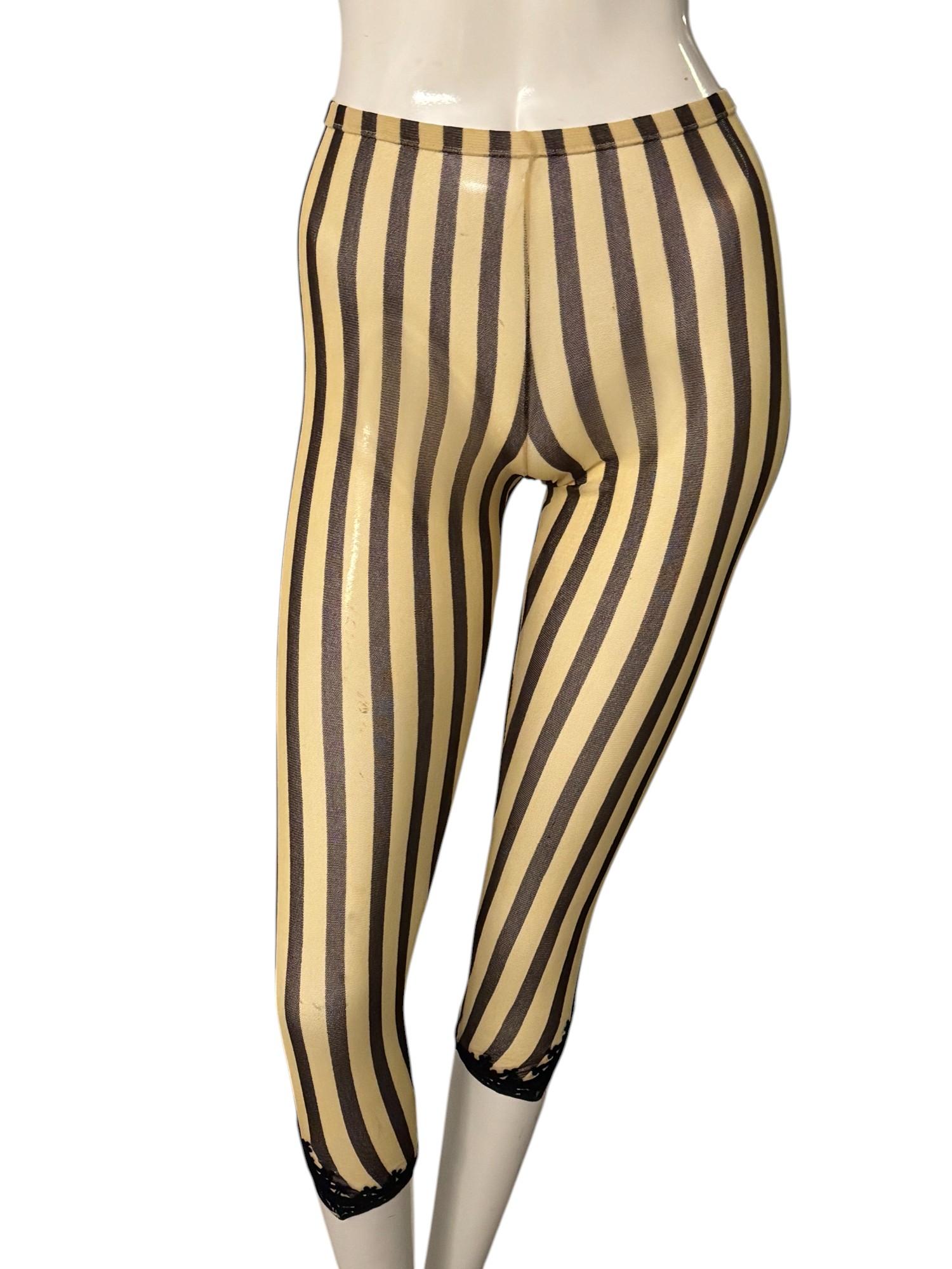 JEAN PAUL GAULTIER, Pantaloni in rete a righe ecru e cioccolato con orlo ricamato in vendita 1