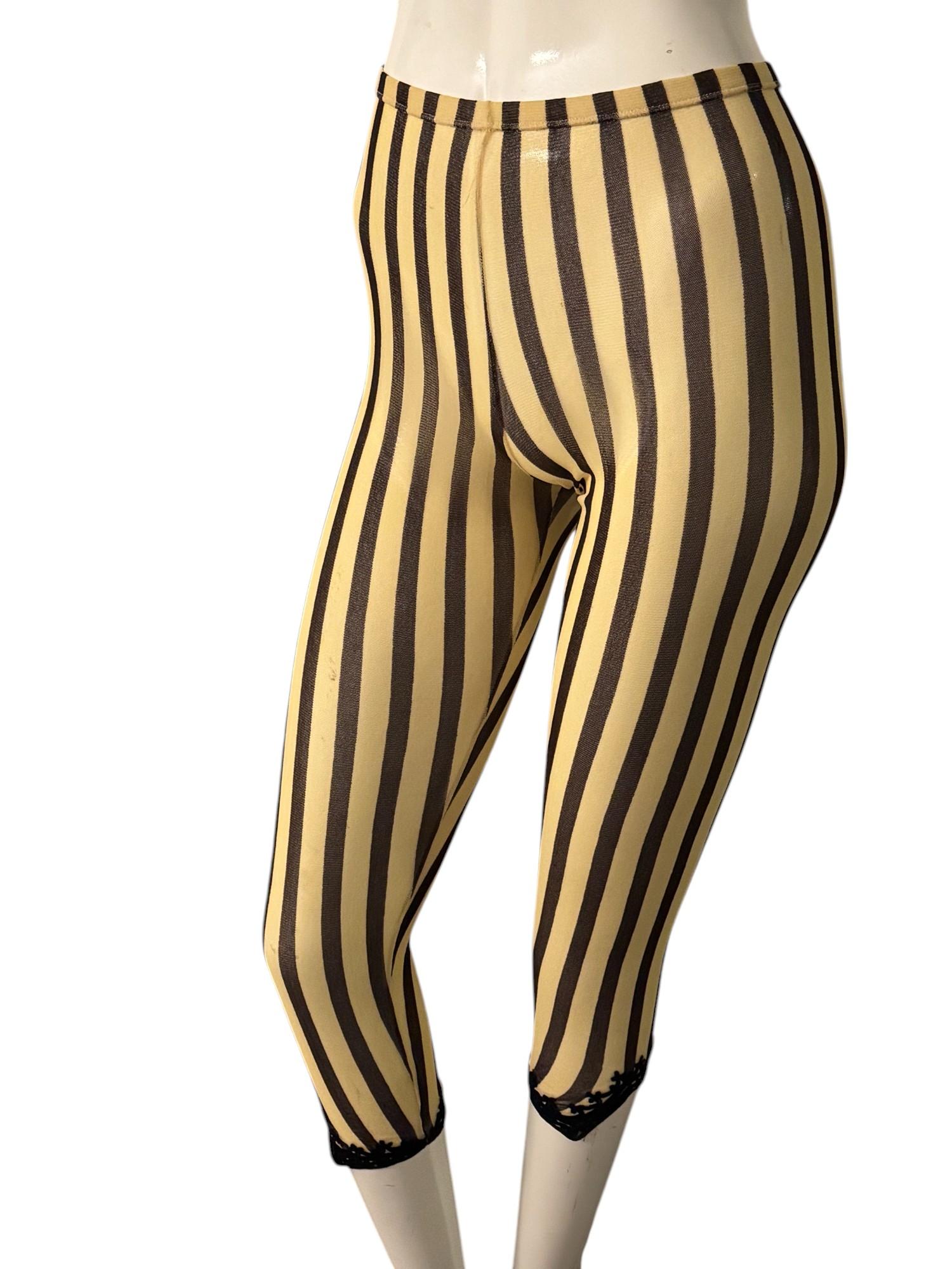 JEAN PAUL GAULTIER, Pantaloni in rete a righe ecru e cioccolato con orlo ricamato in vendita 2