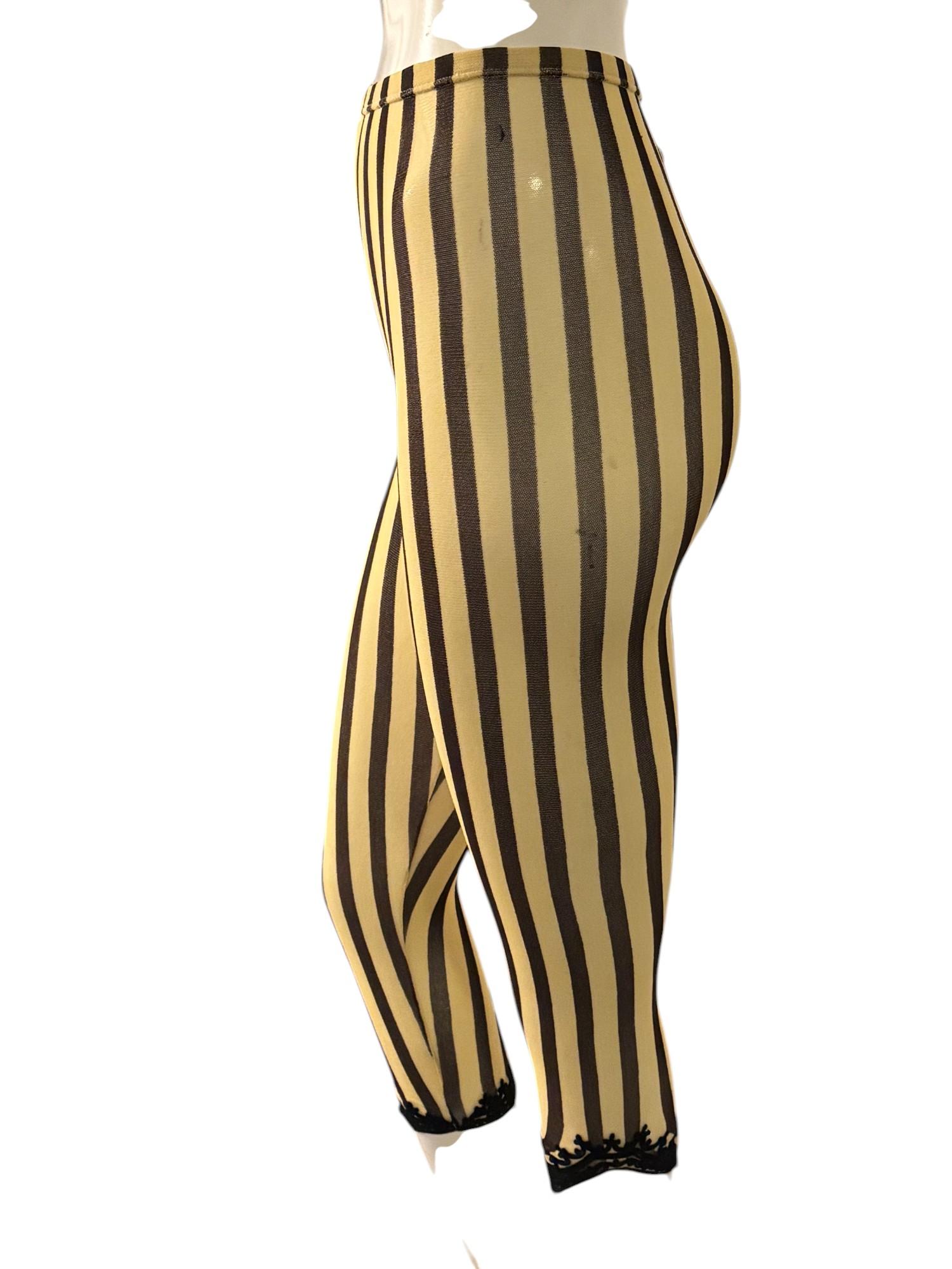 JEAN PAUL GAULTIER, Pantaloni in rete a righe ecru e cioccolato con orlo ricamato in vendita 3