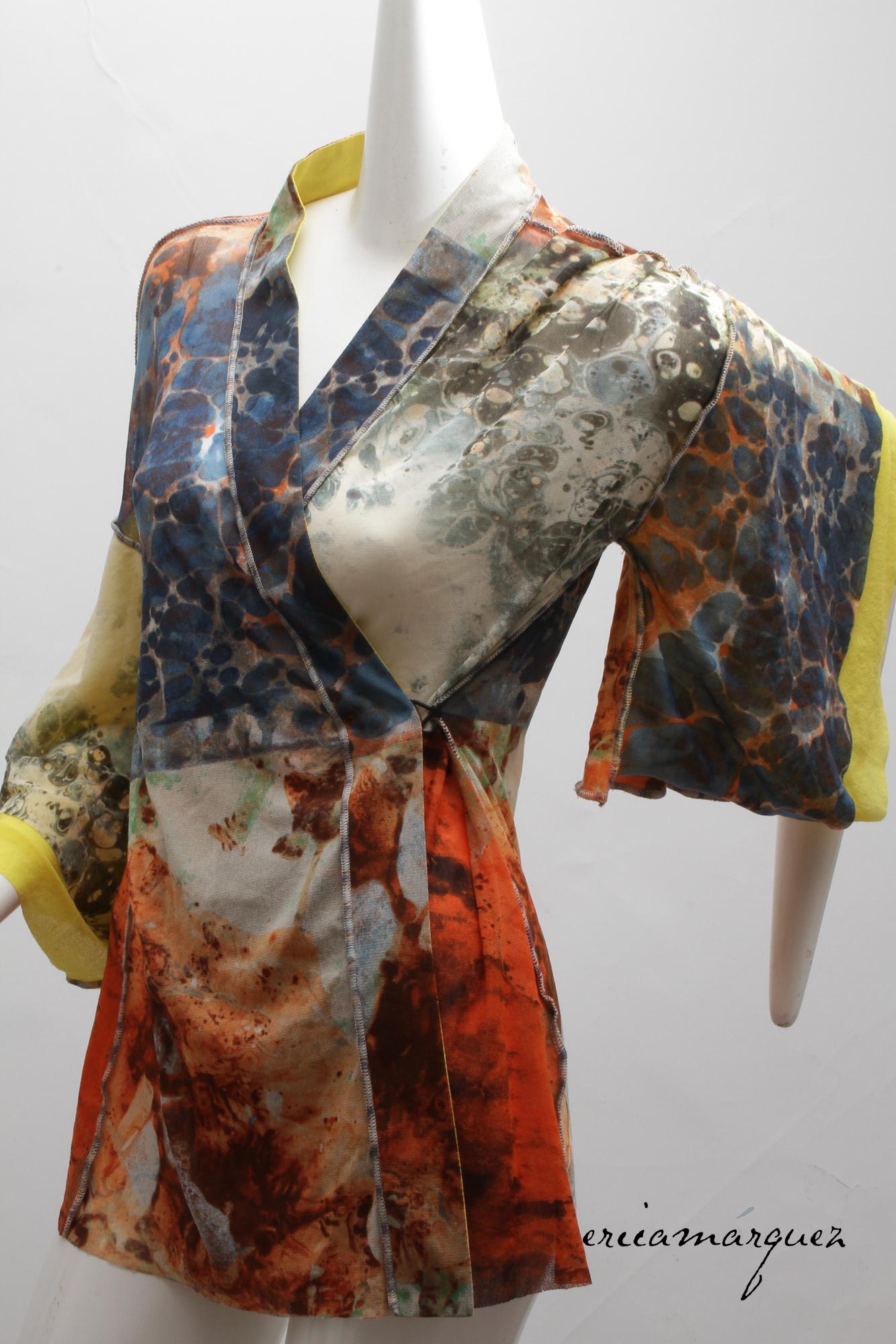 Marrone Jean Paul Gaultier, Kimono a rete con motivo Suminagashi, chiusure con hardware in metallo in vendita