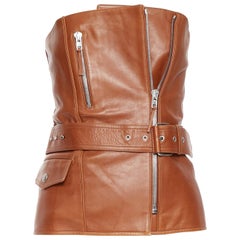 JEAN PAUL GAULTIER tan brown leather quilted  biker belted bustier top FR38 S