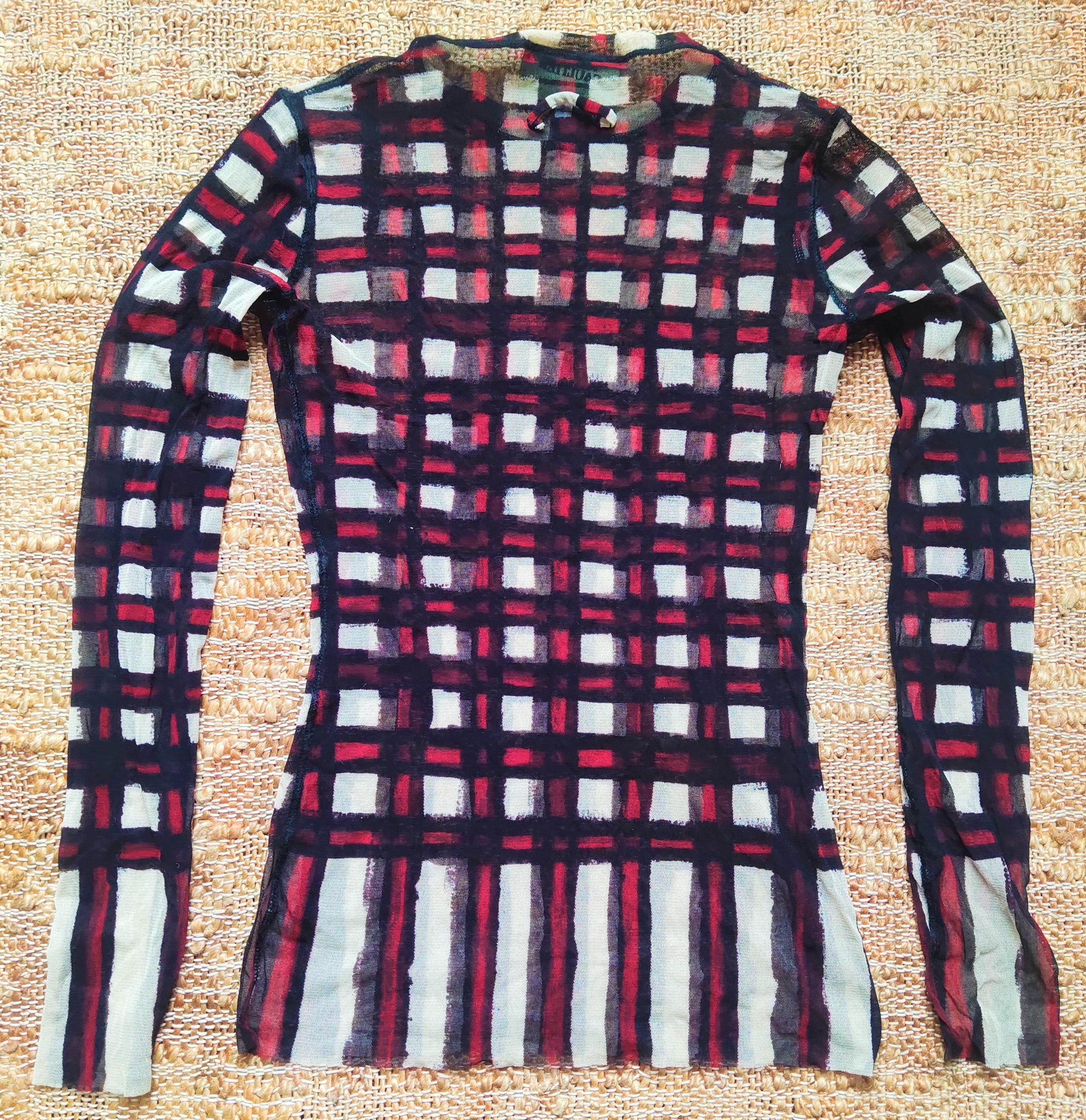 Jean Paul Gaultier Tartan Checked Striped Red Mesh Transparent Shirt Tee Top  For Sale 2