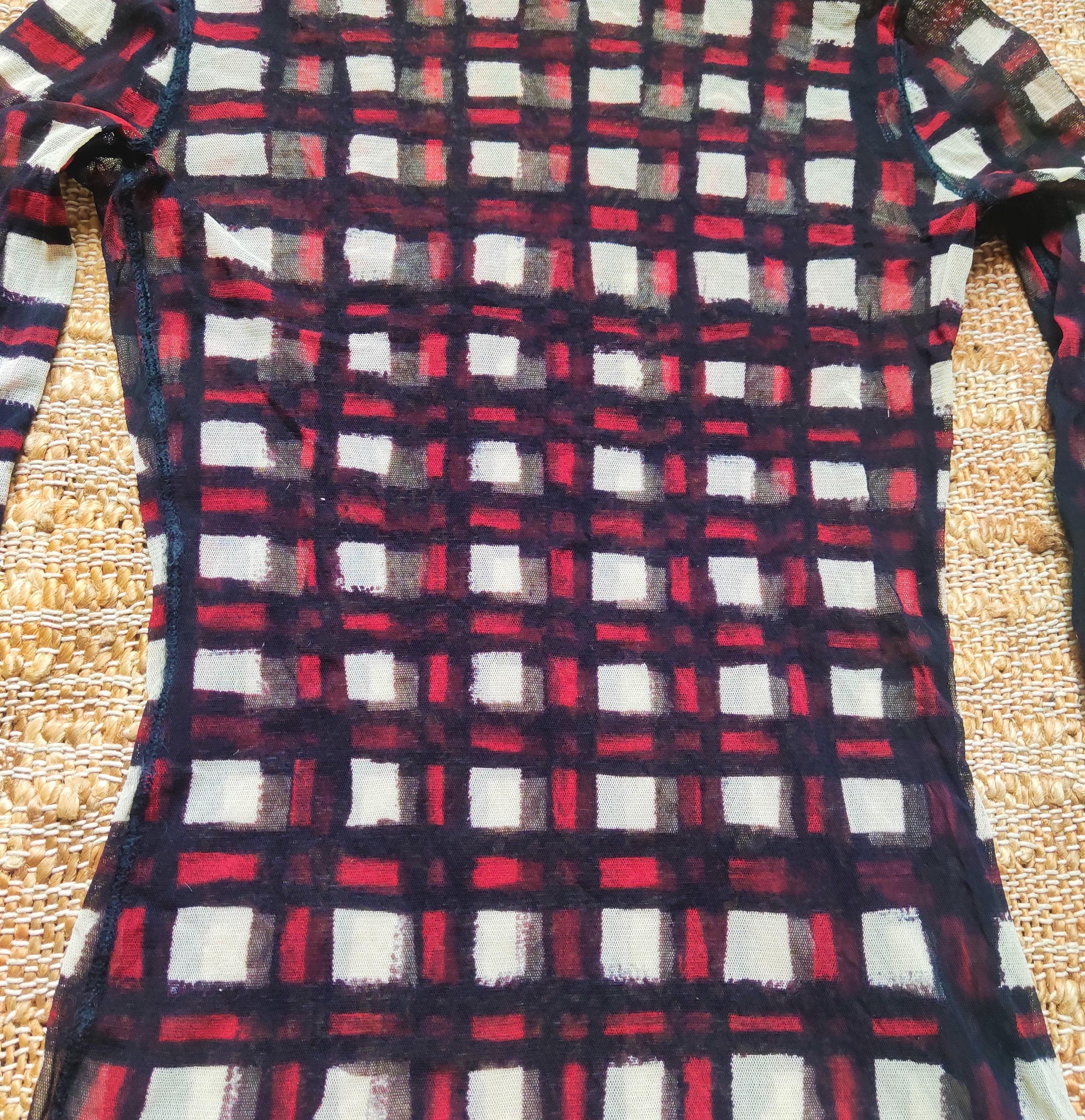 Jean Paul Gaultier Tartan Checked Striped Red Mesh Transparent Shirt Tee Top  For Sale 3