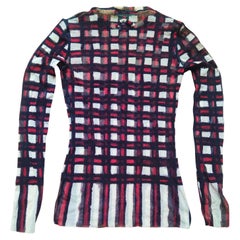 Jean Paul Gaultier - T-shirt transparent en maille rouge à carreaux écossais et à rayures 