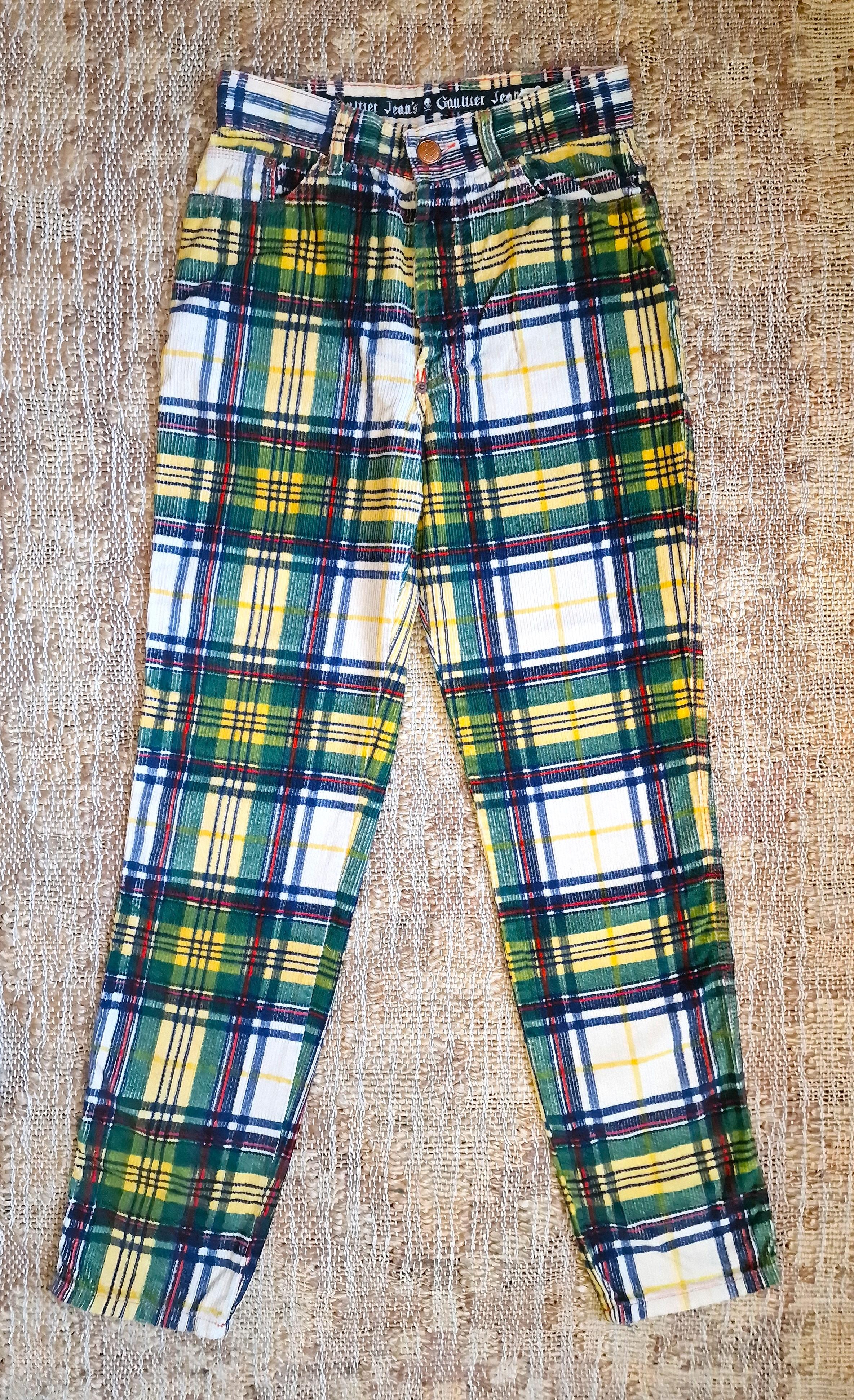 Gray Jean Paul Gaultier Tartan Plaid Checked Cord Trousers Small Medium Hand Pants For Sale