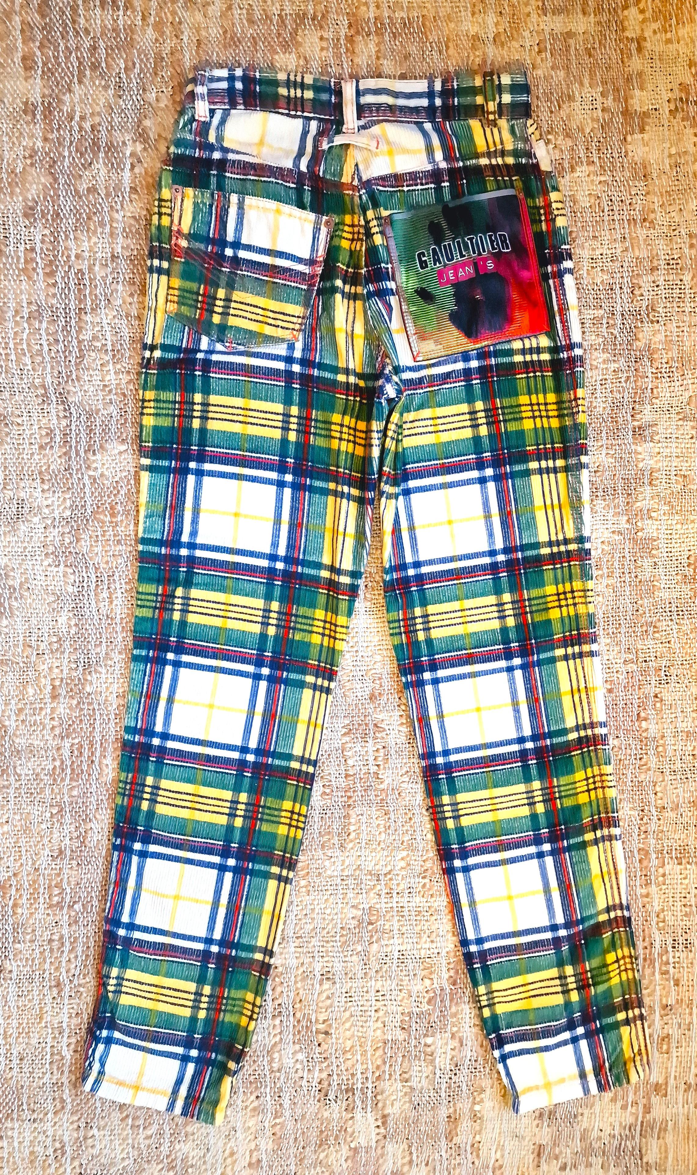 Jean Paul Gaultier Tartan Plaid Checked Cord Trousers Small Medium Hand Pants In Excellent Condition For Sale In PARIS, FR