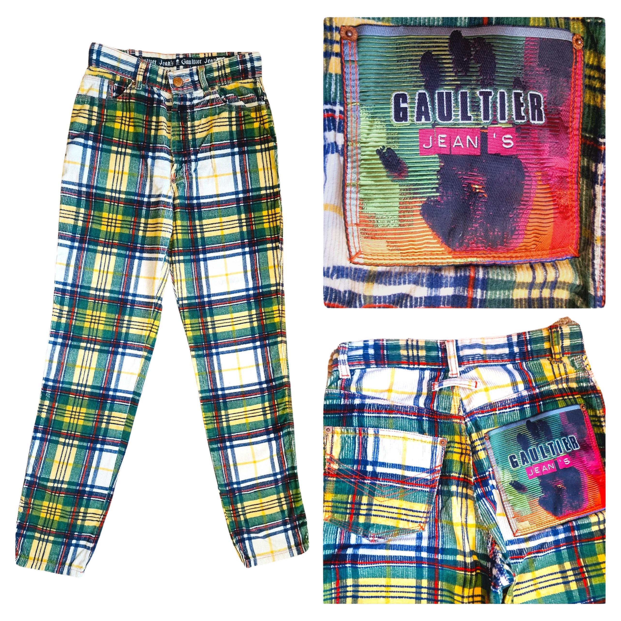 Jean Paul Gaultier Tartan Plaid Checked Cord Trousers Small Medium Hand Pants For Sale