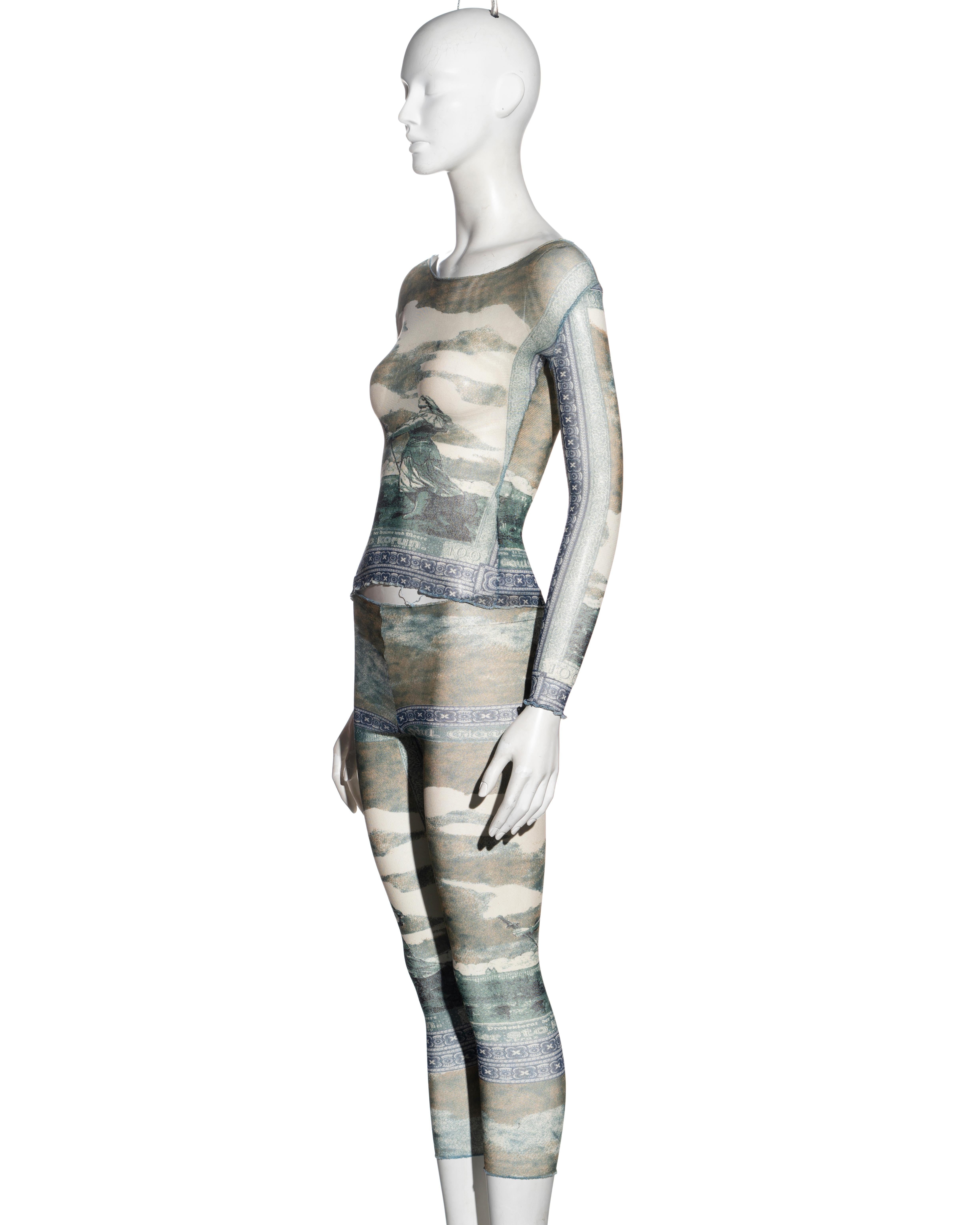 Jean Paul Gaultier tattoo-currency print mesh top and leggings set, ss 1994 For Sale 2