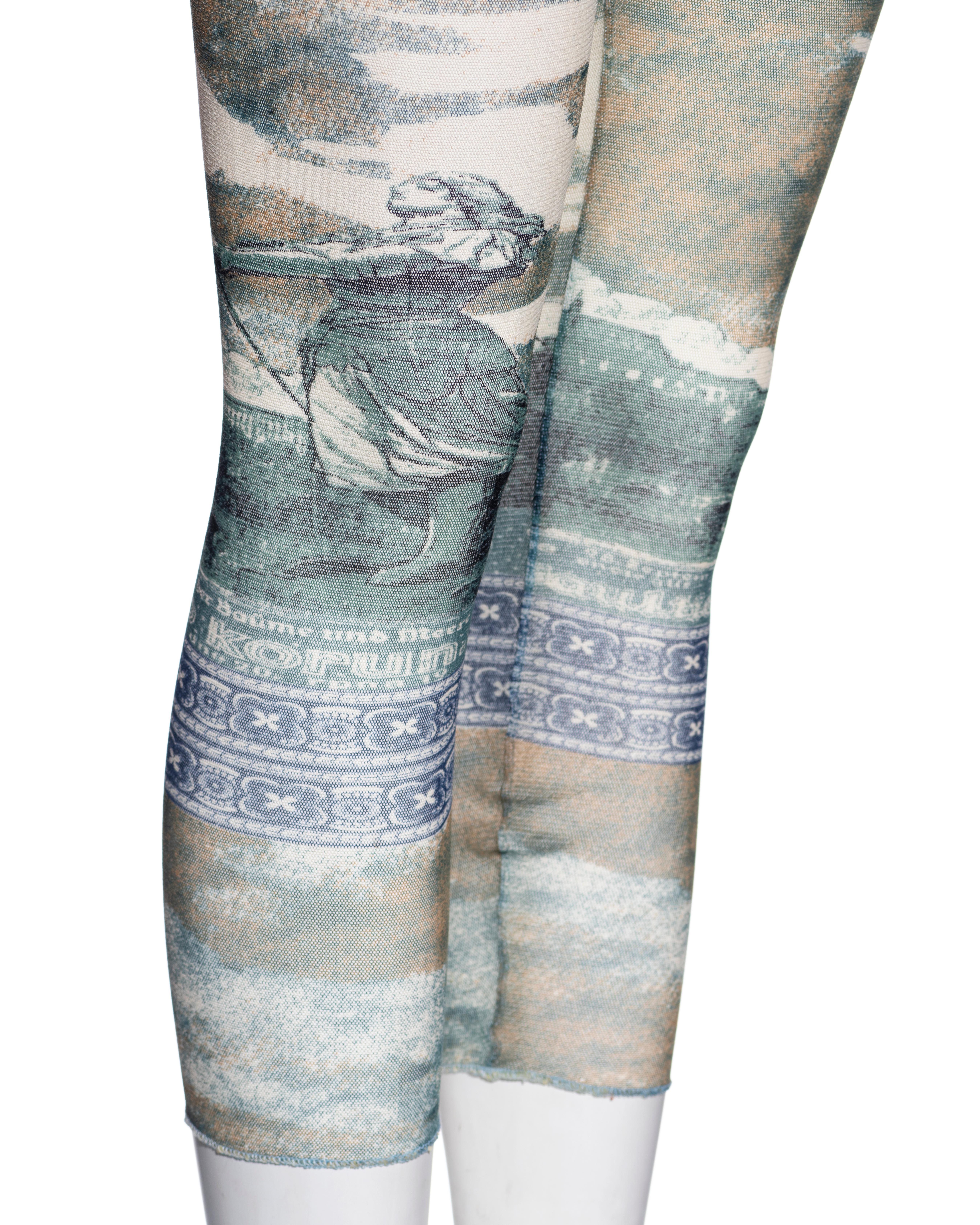 Gray Jean Paul Gaultier tattoo-currency print mesh top and leggings set, ss 1994 For Sale