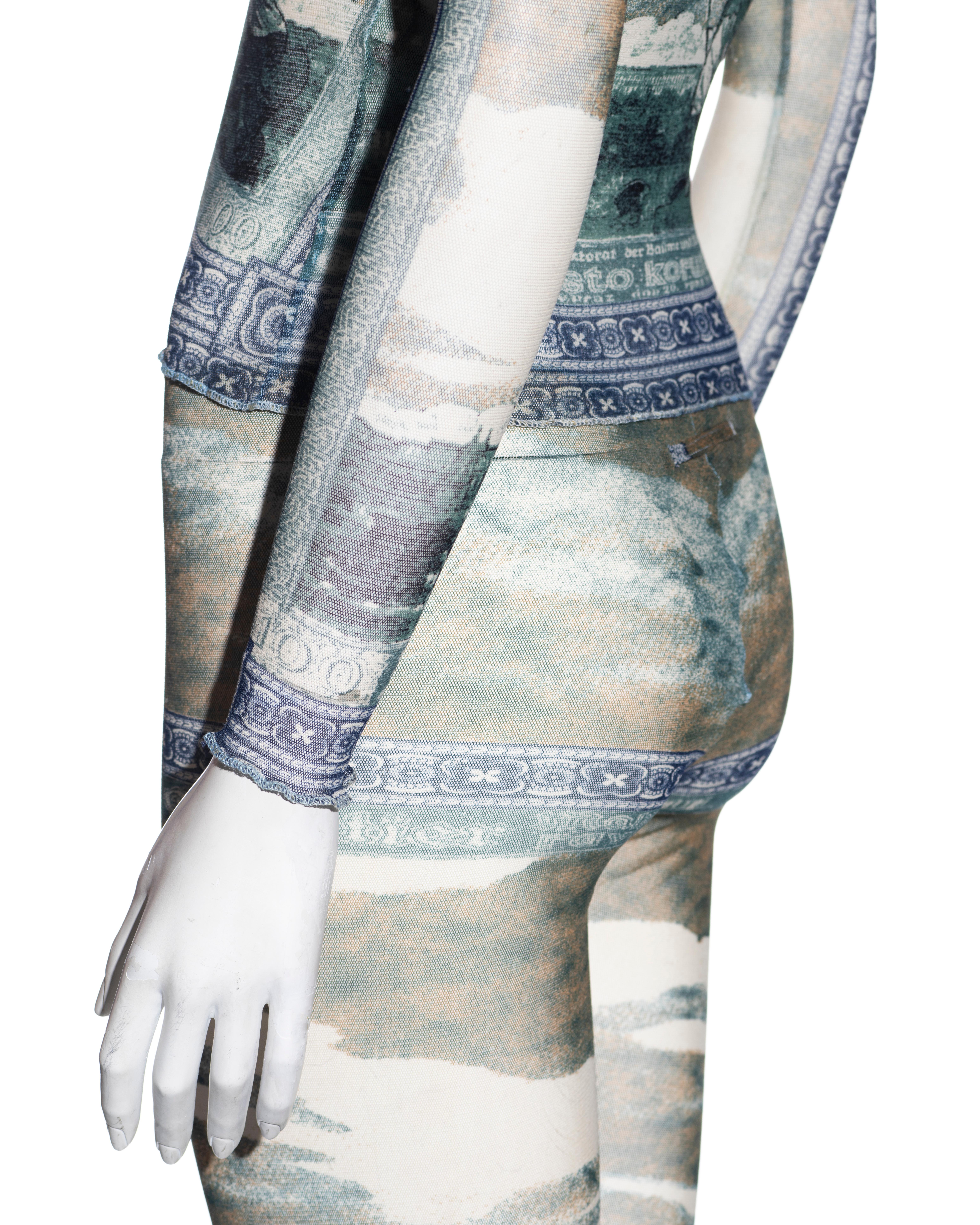 Women's Jean Paul Gaultier tattoo-currency print mesh top and leggings set, ss 1994 For Sale
