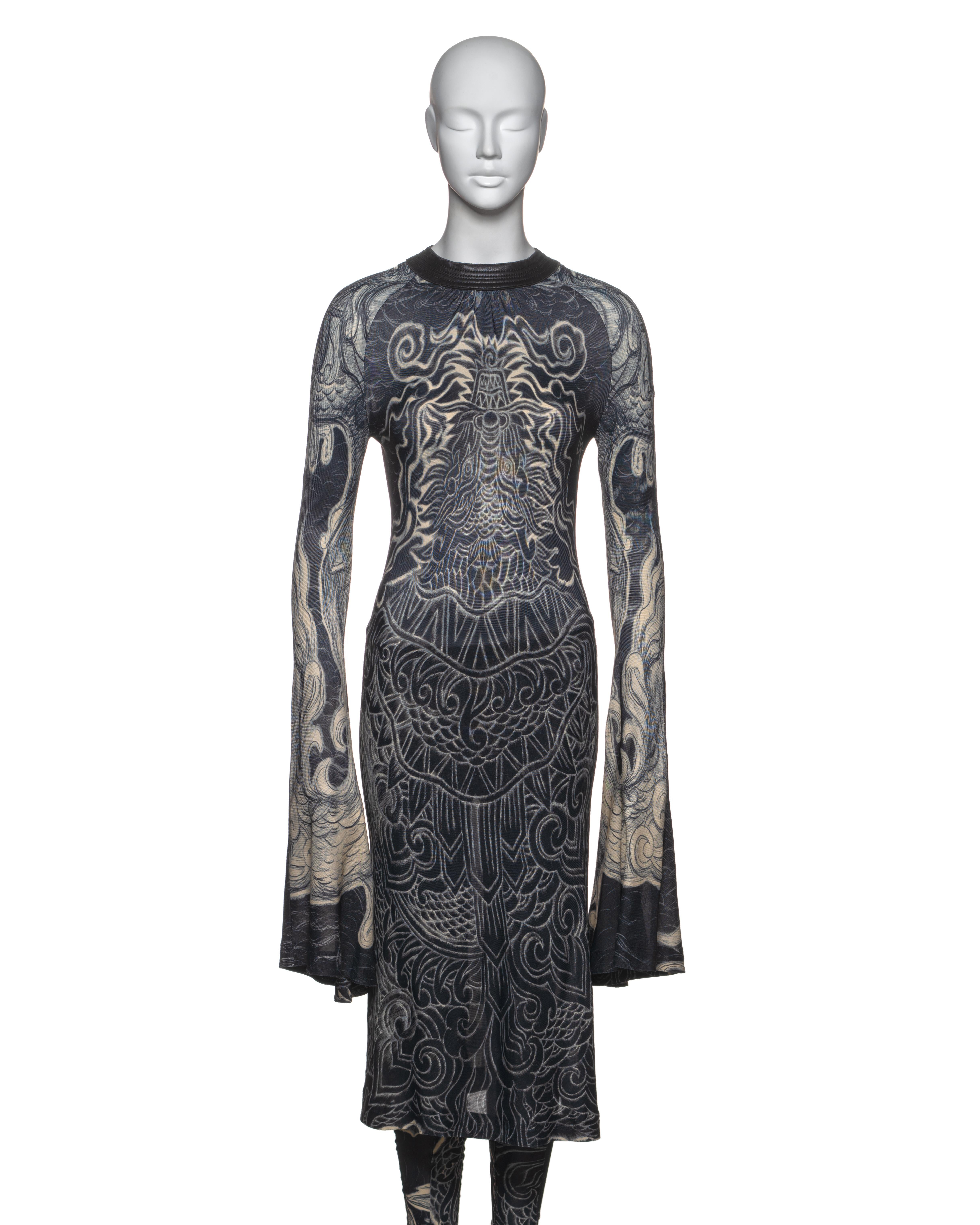 Black Jean Paul Gaultier Tattoo Print Rayon Dress and Pants Ensemble, FW 2008 For Sale