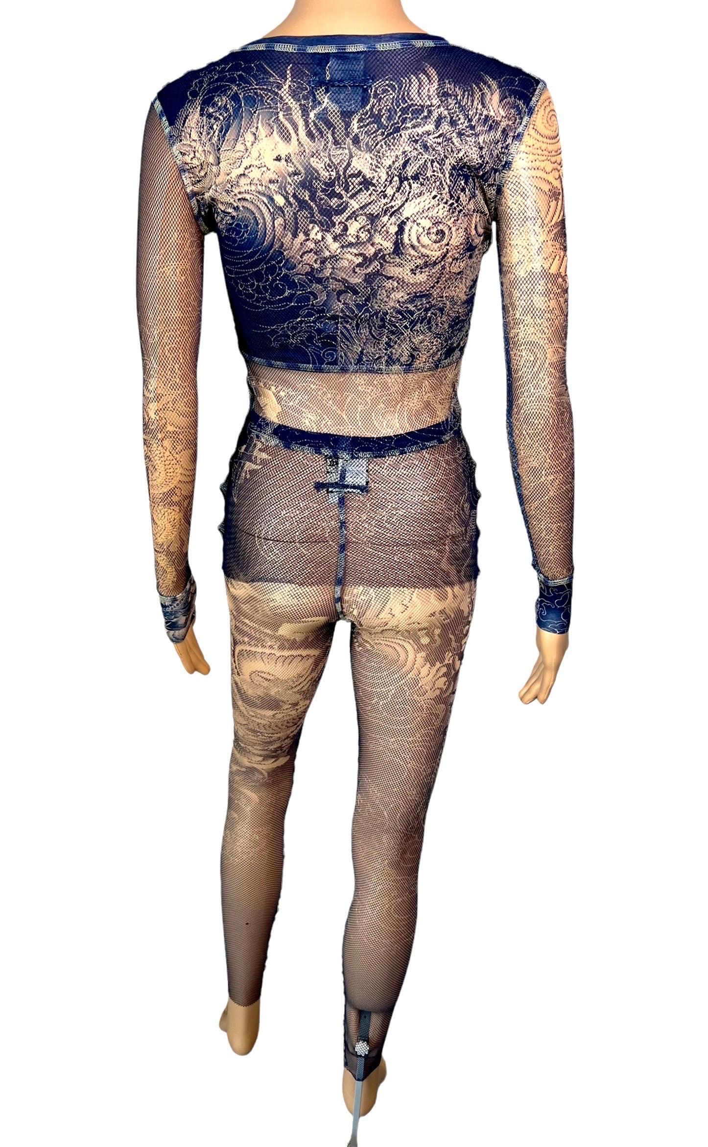 Jean Paul Gaultier Tattoo Sheer Fishnet Mesh Top & Leggings Pants 2 Piece Set For Sale 2
