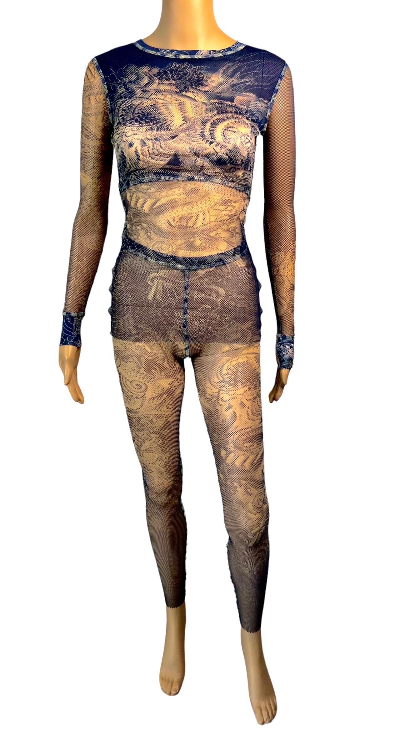 Jean Paul Gaultier Tattoo Print schiere Fischnetz Mesh Top & Leggings Hosen 2 Stück Set Größe XS