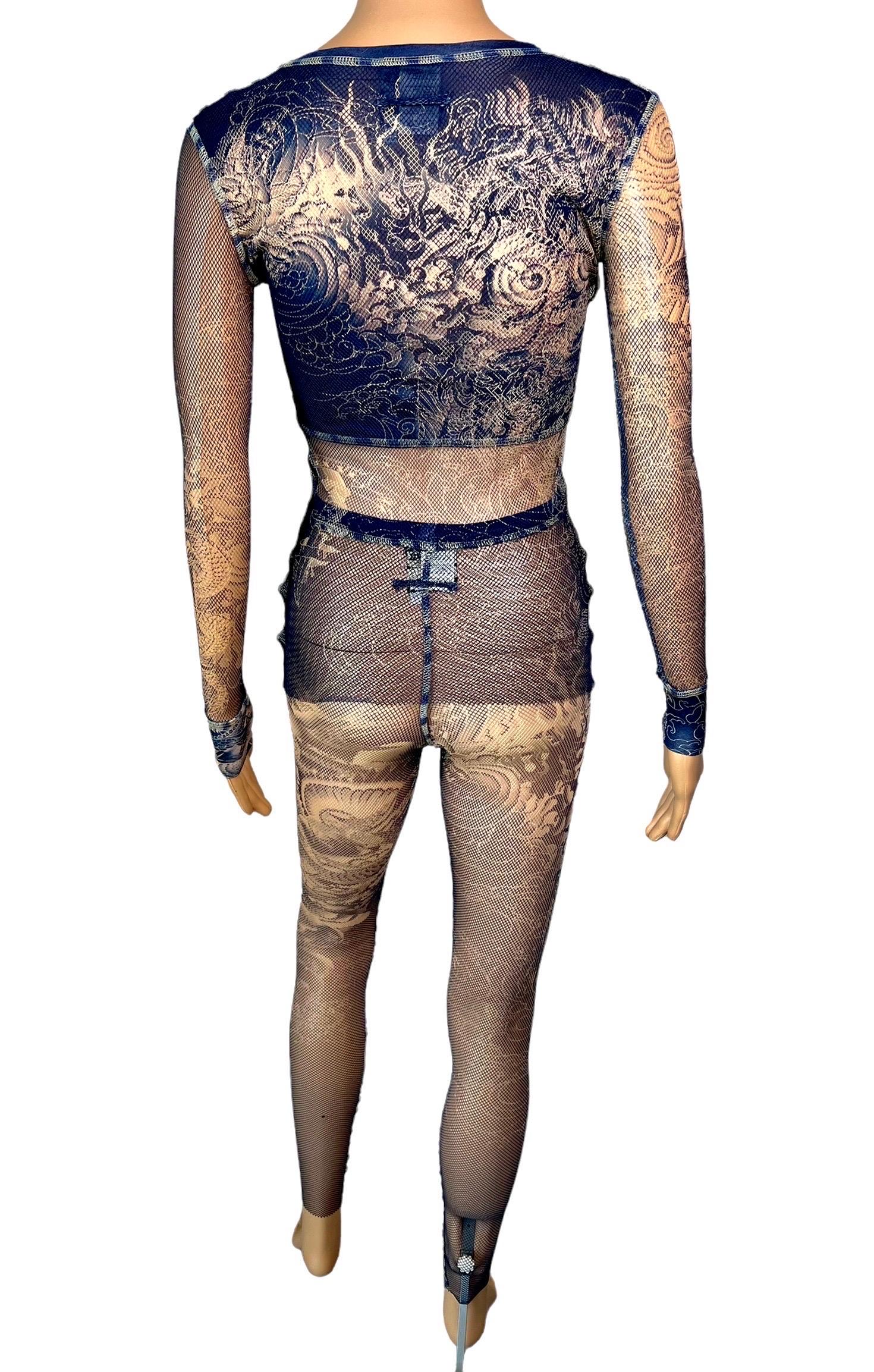 Jean Paul Gaultier Tattoo durchsichtiges Fischnetz-Netz-Top &amp; Leggings Hose 2-teiliges Set im Zustand „Hervorragend“ im Angebot in Naples, FL