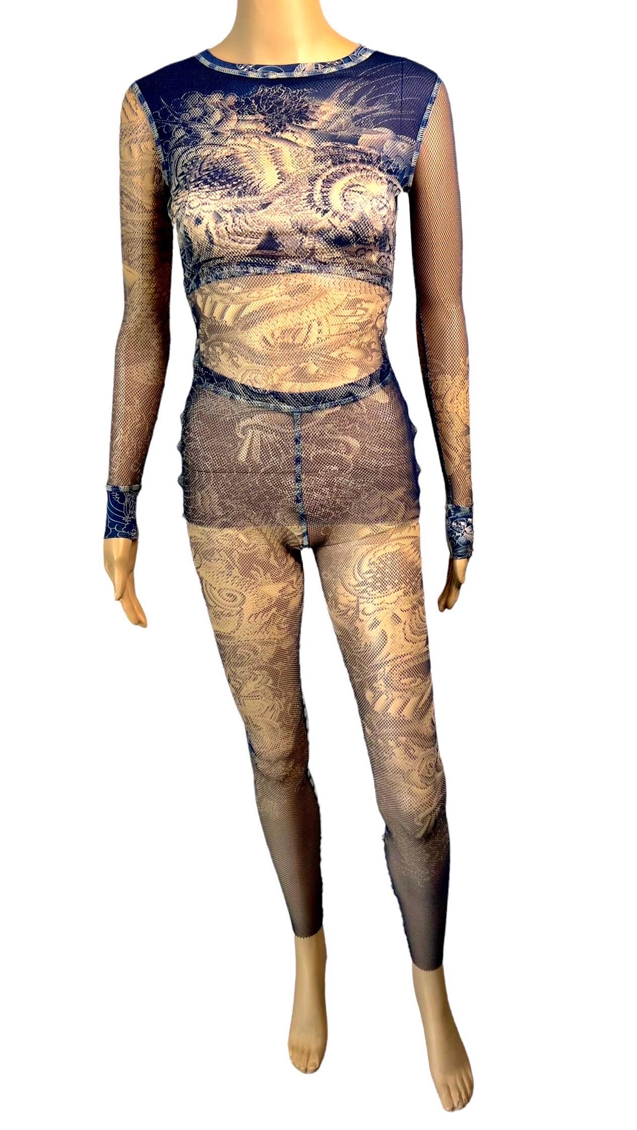 Jean Paul Gaultier Tattoo durchsichtiges Fischnetz-Netz-Top &amp; Leggings Hose 2-teiliges Set für Damen oder Herren im Angebot