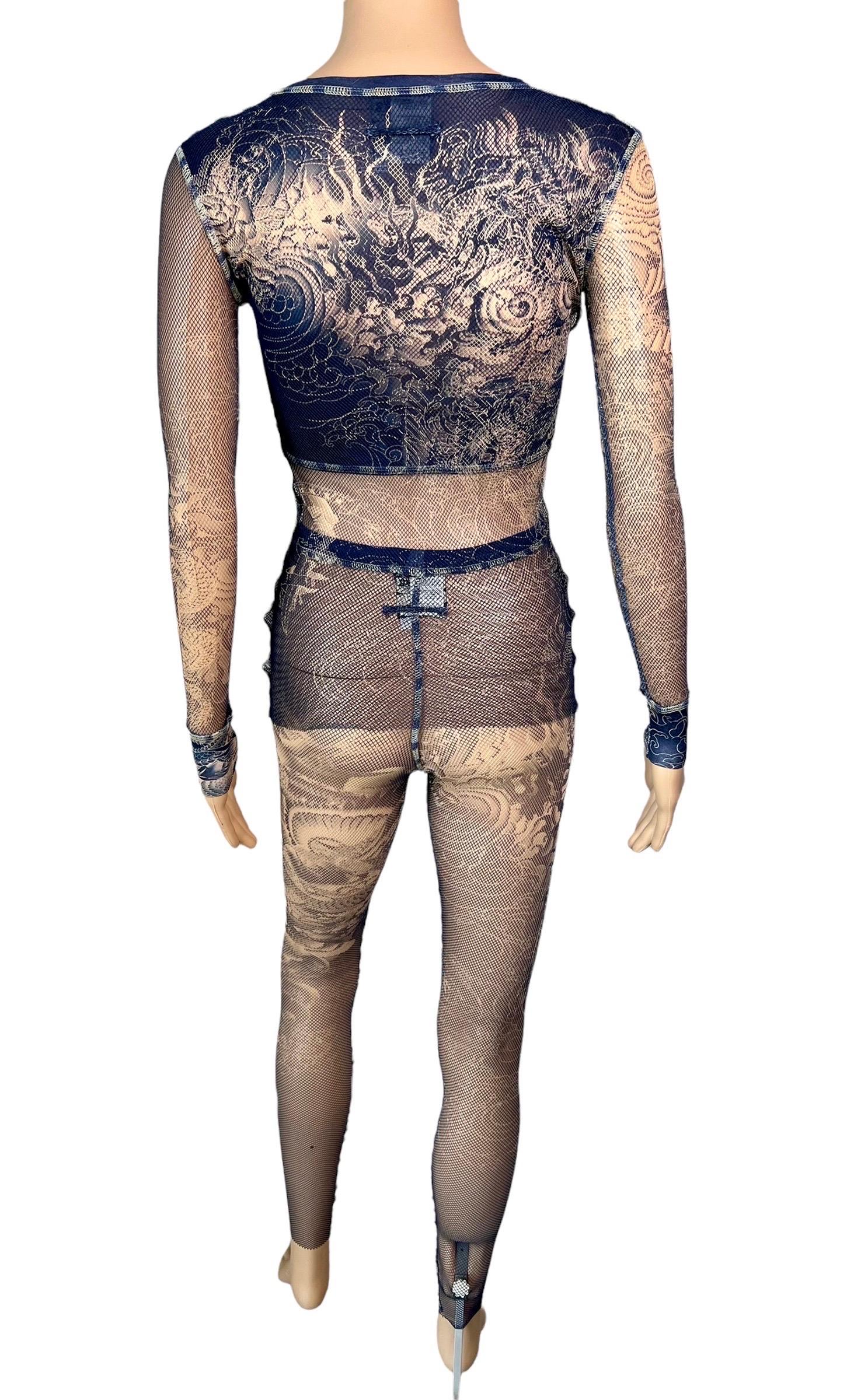 Jean Paul Gaultier Tattoo Sheer Fishnet Mesh Top & Leggings Pants 2 Piece Set In Excellent Condition For Sale In Naples, FL