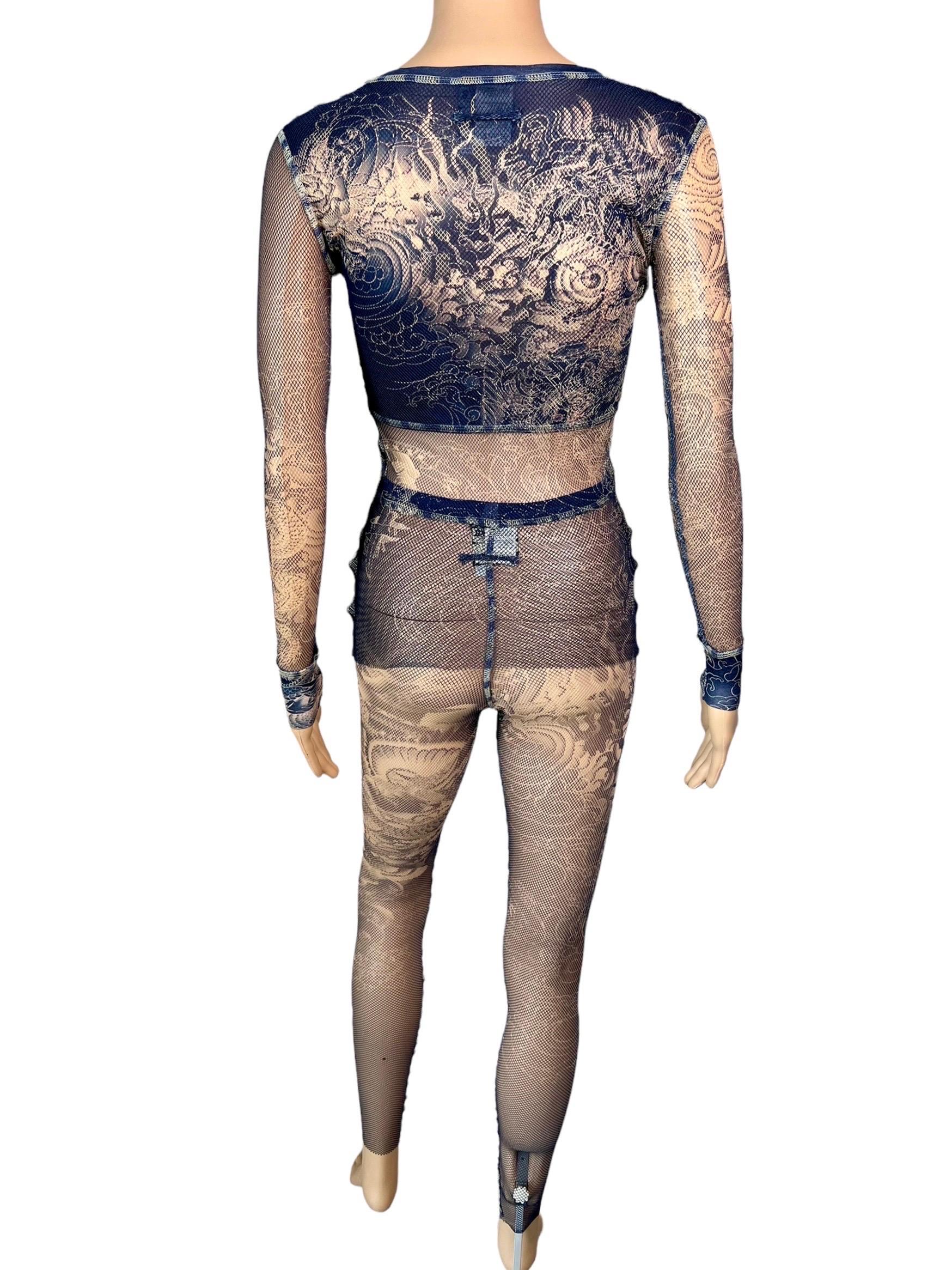 Jean Paul Gaultier Tattoo durchsichtiges Fischnetz-Netz-Top &amp; Leggings Hose 2-teiliges Set im Angebot 3